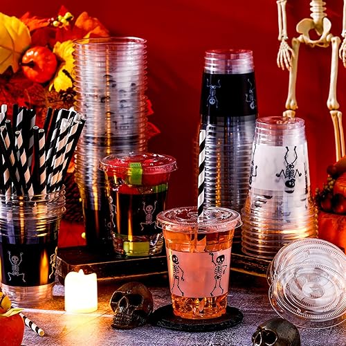 Miniatura 4 de 100 Set Skeleton Halloween Plastic Cups with Lids and Straws Reusable Halloween Party Cups 12 oz Disposable Clear Party Supplies for Decorations