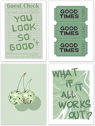 BESERH Funky Trendy - Juego de 4 pósteres verdes de moda, preppy retro Y2K, bola de disco de cereza inspiradora, impresiones artísticas de pared