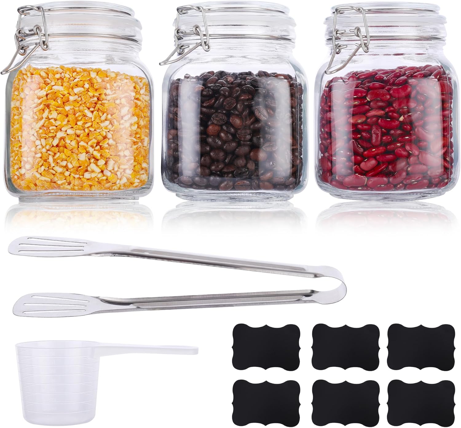 Mason Jars, 3 Pcs 34oz 1000ml Glass Food Storage Containers with Airtight Lids, Flour Sugar Storage Containers Sets for the Kitchen, With Metal Food Tongs & Measuring Cups & Sorting Labels 3pack-34oz-Square