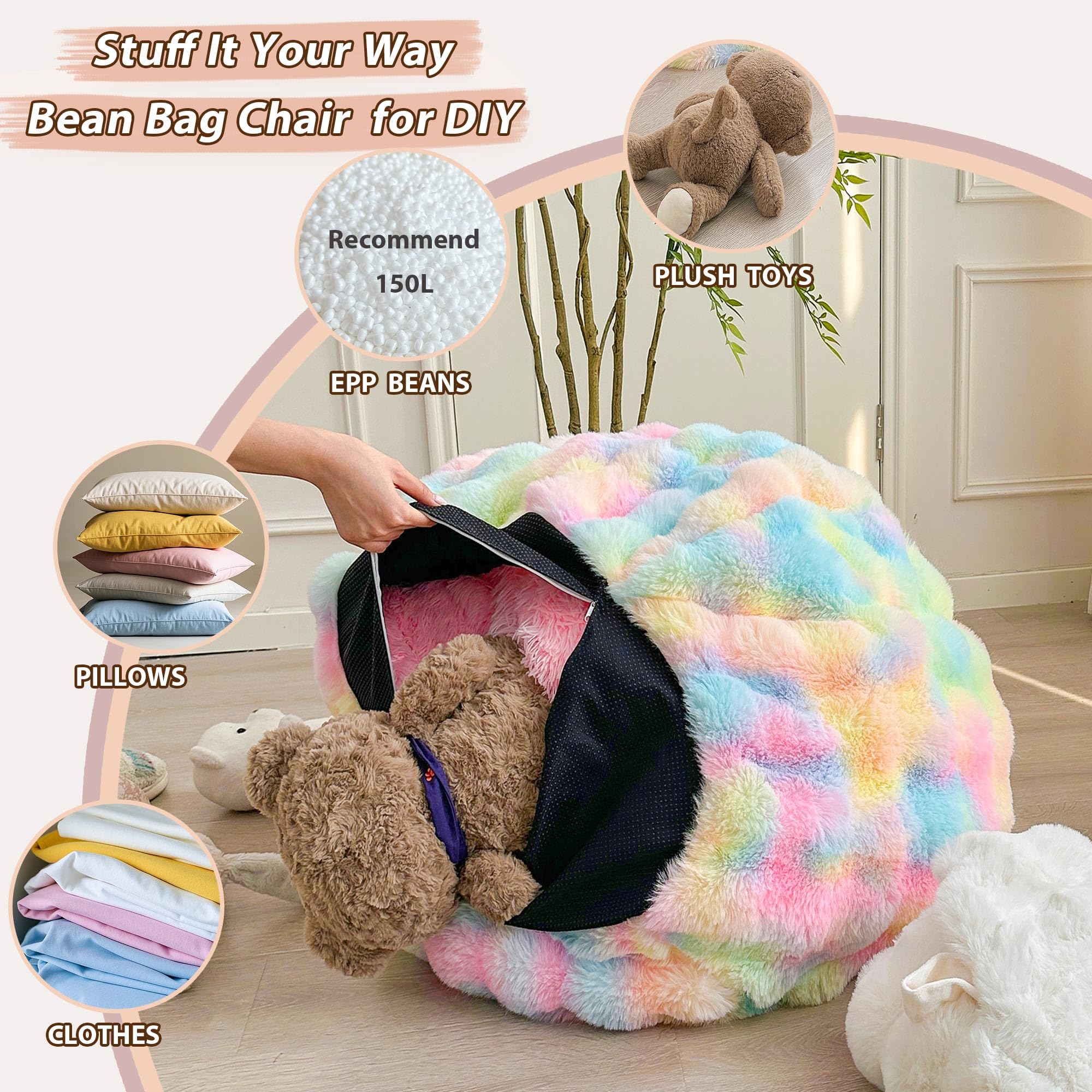 LIFEREVO Kids Fluffy Faux Rabbit Fur Bean Bag Chair Cover (No Filler), Soft Luxury Fuzzy Stuffed Animal Storage Bubble Bean Bag Home Decor, Comfy Shaggy Furry Beanbag Cover Kids Girls Adults, Beige — view 4