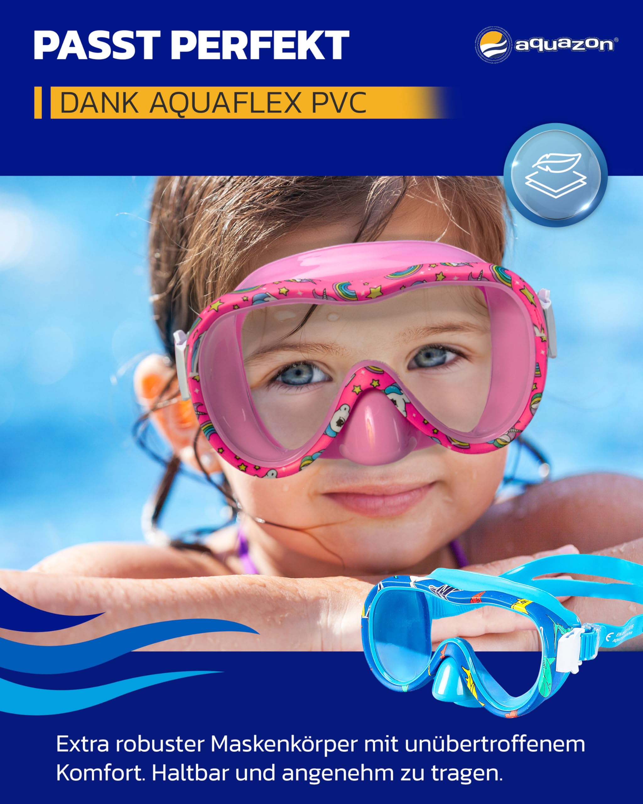 AQUAZON Kids wasserdichte Junior Kinder Schnorchelbrille, Taucherbrille, Schwimmbrille, von 3-7 Jahren, sehr robust