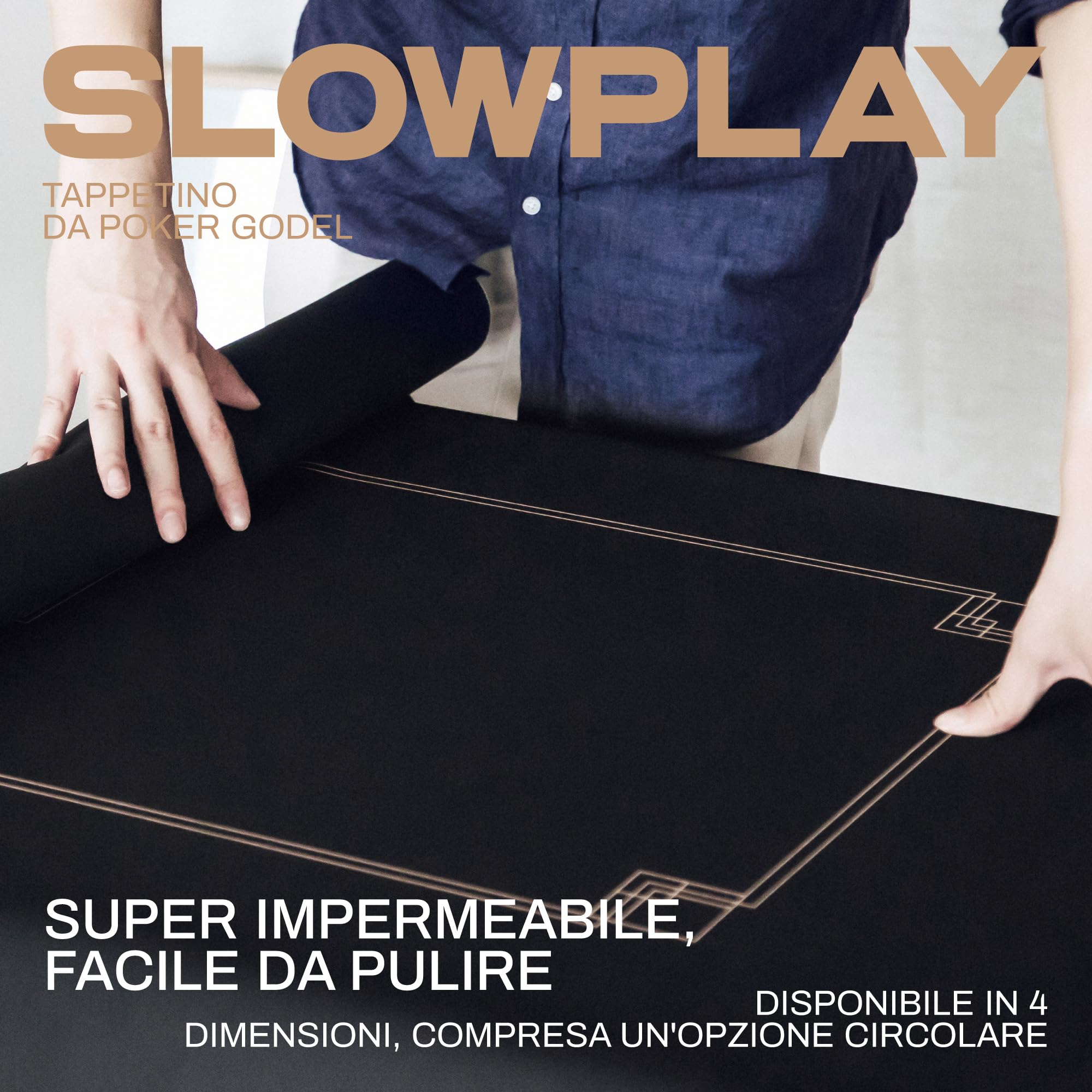 SLOWPLAY Tappetino da Poker Godel Texas Hold'em 180 x 90 cm | Panno da Poker Portatile, Nero e Oro Champagne | Copritavolo da Poker Professionale, Resistente all'Acqua, Riduzione del Rumore