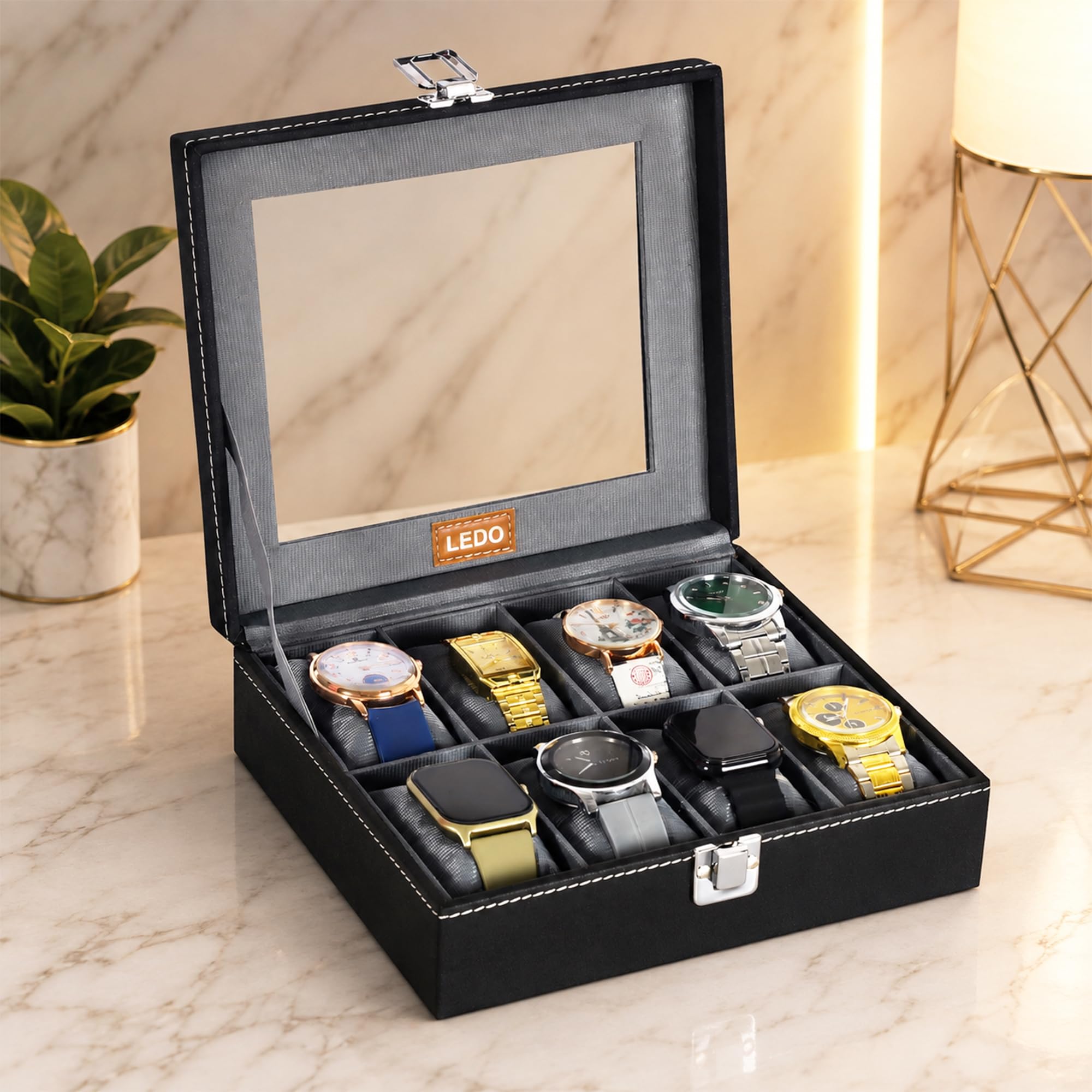 LEDO Men's and Women's Watch Box Holder Organizer Case In 8 Slots of watches In PU Leather with Black & Gray