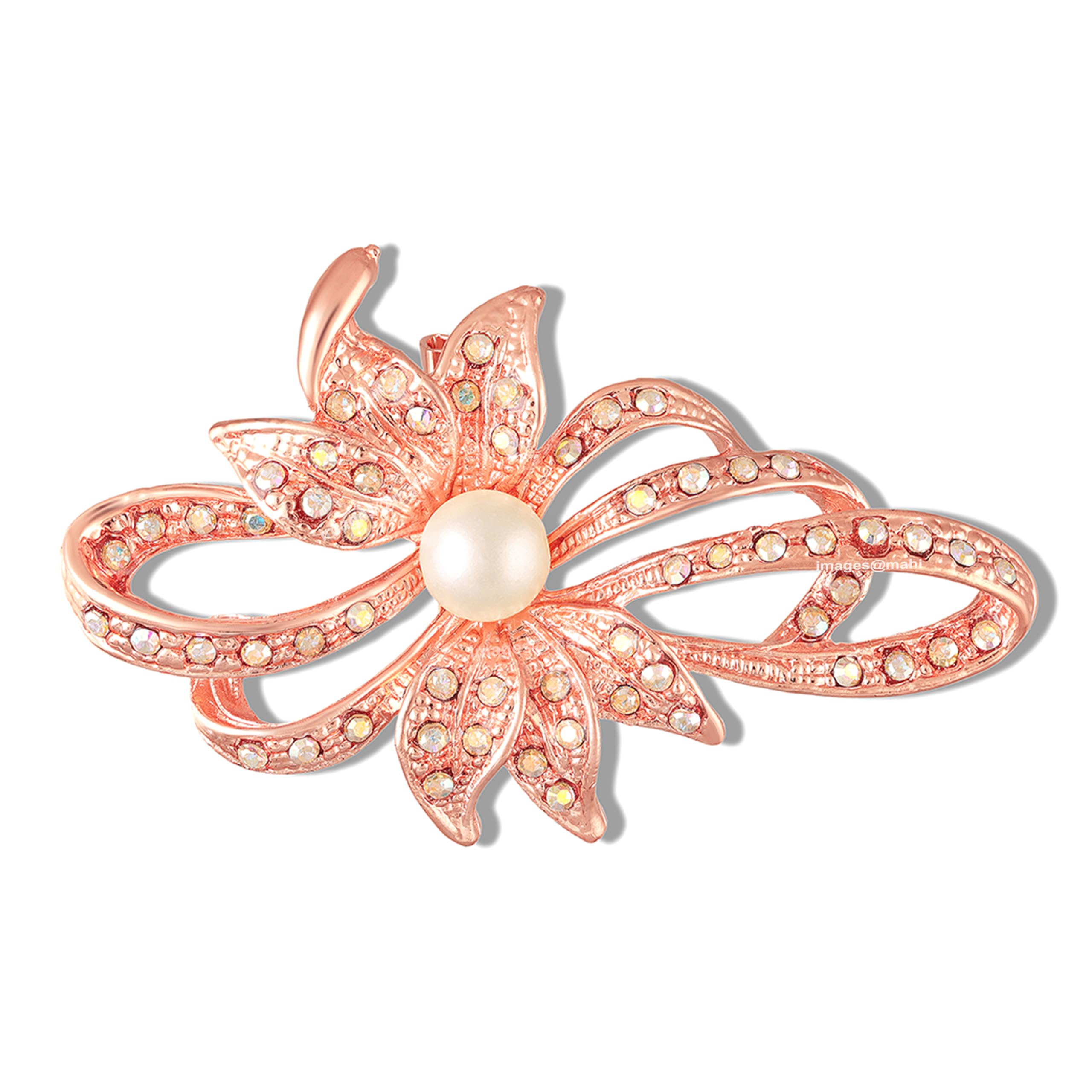 Rose Gold-Tone Crystal Flower Brooch for Women with Artificial Pearl Centre | Elegant Bow-Loop Floral Pin for Saree, Dress, Blazer & Dupatta (BP1101271ZWhi)-image-3