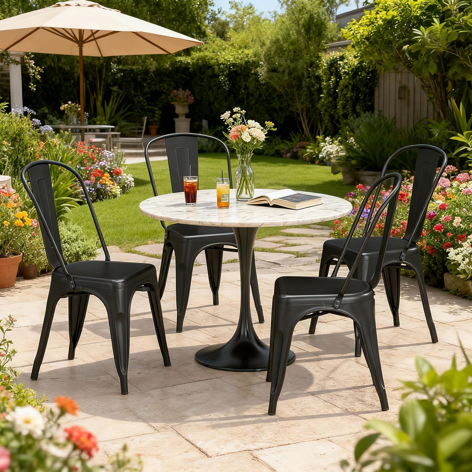 Metal Dining Chair Indoor Outdoor Stackable Side Chairs with Back Set of 4 for Patio Black