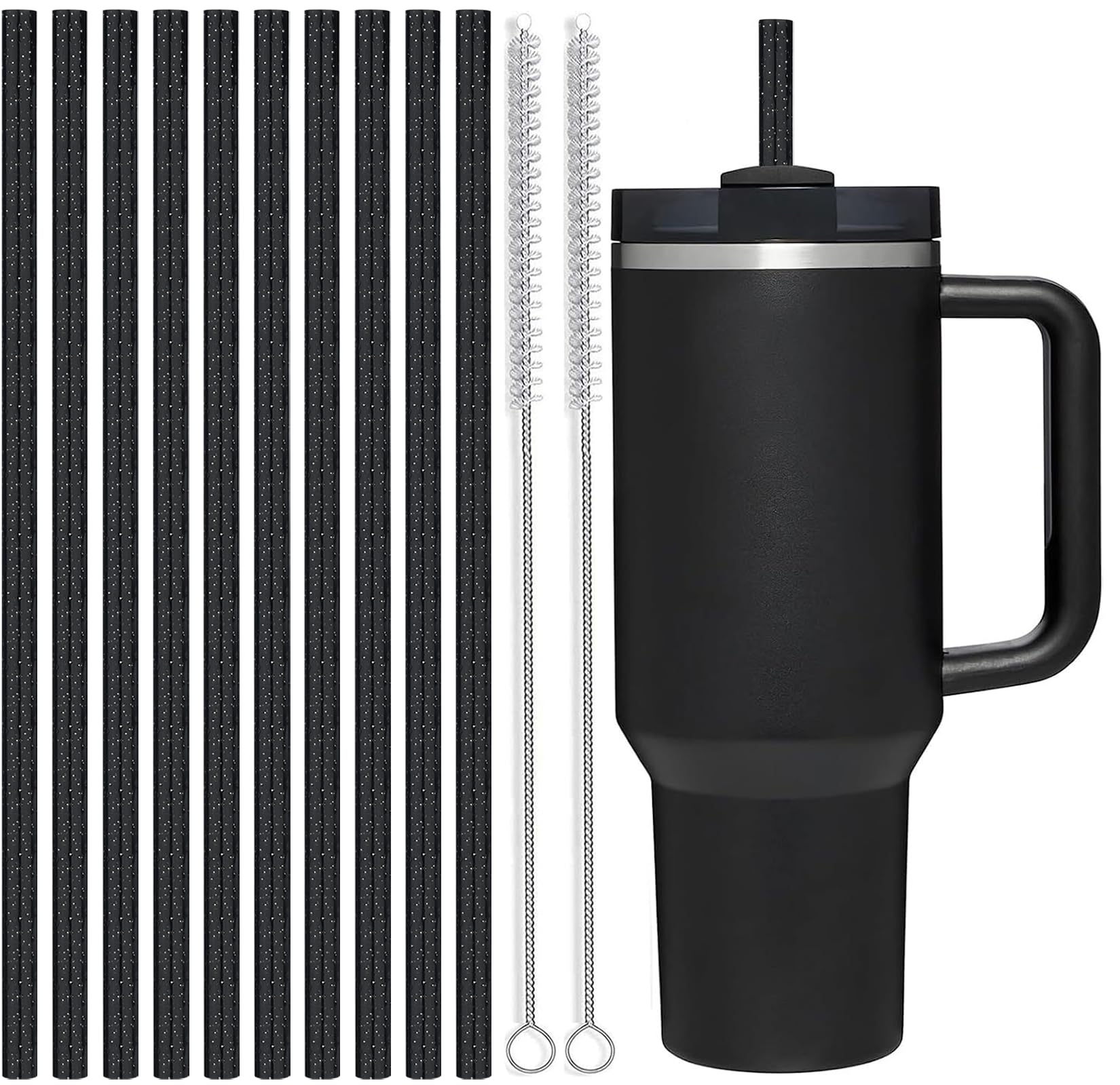 ALINK Reusable Glitter Straws for Stanley 40 oz 30 oz Tumbler, 12 in Long Hard Plastic Black Straws for Stanley, Owala 40OZ Cups, Half Gallon Bottles,