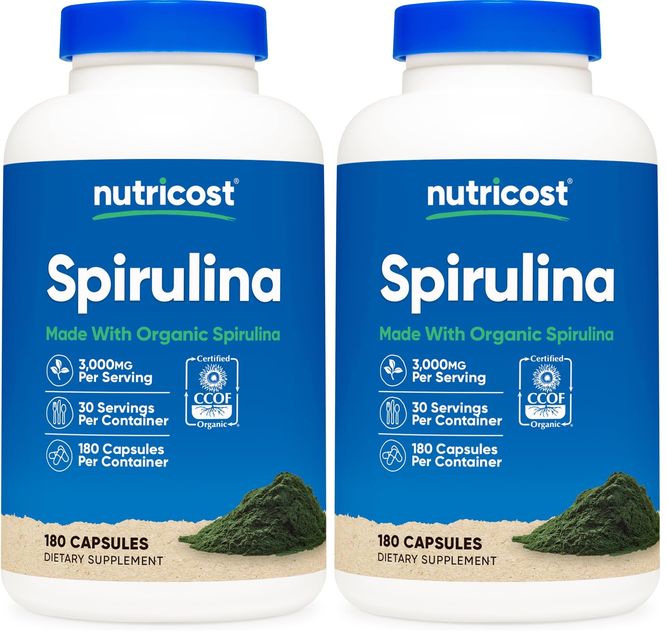 Nutricost Spirulina 3,000mg, 180 Capsules for 30 Servings - CCOF Certified Made with Organic Spirulina, Gluten Free, Vegetarian (Pack of 2) 180 Count (Pack of 2)