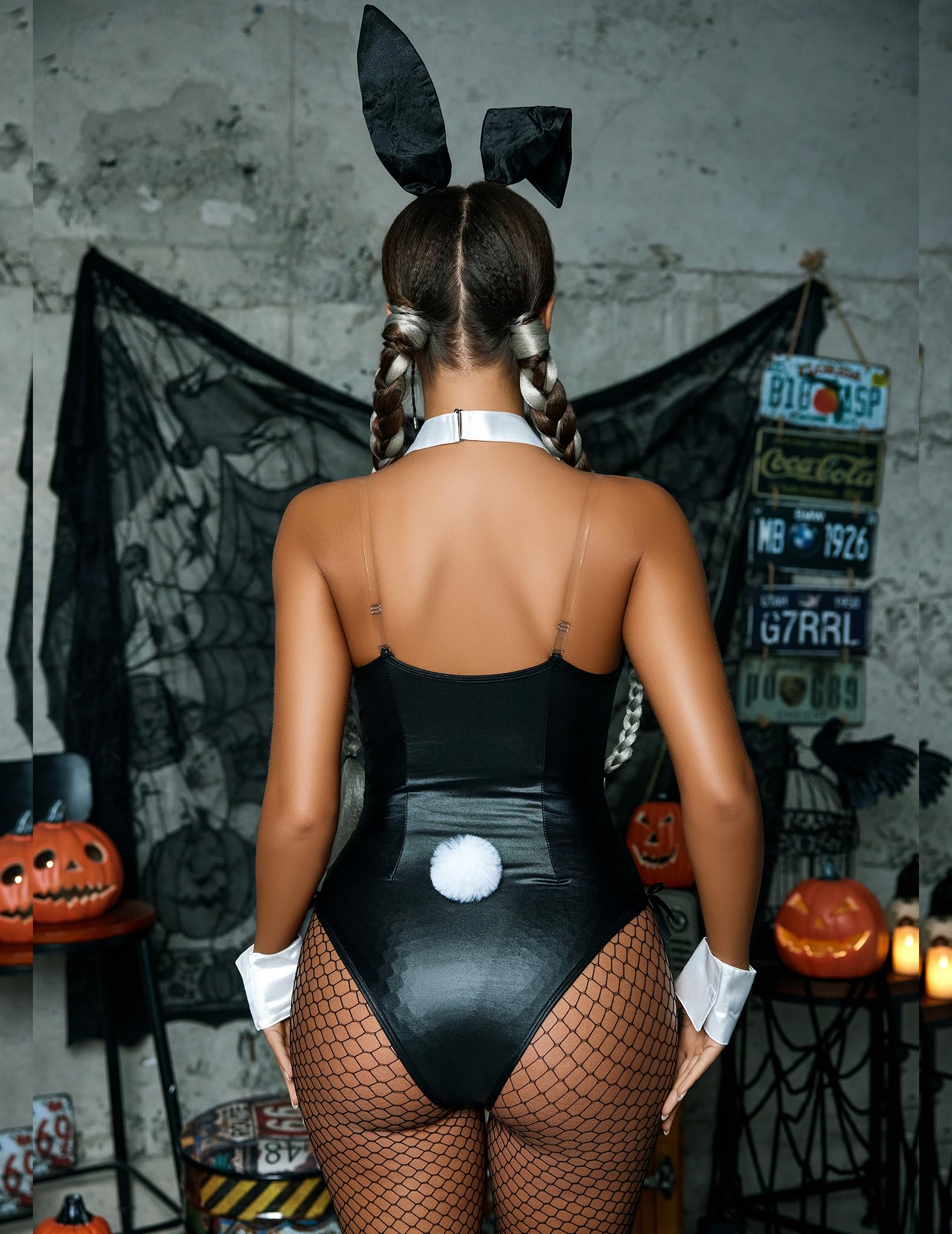 Avidlove Women Bunny Costume Lingerie Sets for Women Sexy Halloween One Piece Bodysuit Stockings Set(7-Piece Set): X-Large Black