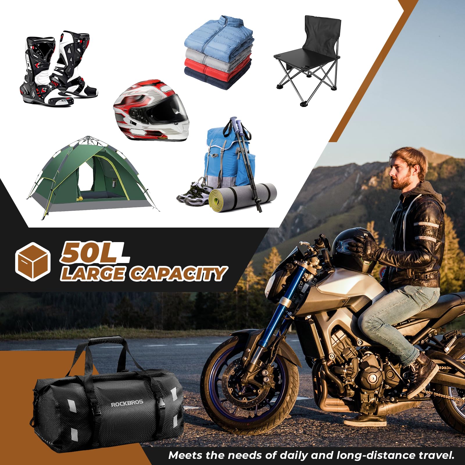 ROCKBROS Torba Motocyklowa na Ogon Torba Podróżna w 100% Wodoodporna z Paskiem na Ramię Torba Podróżna na Motocykl, Wędrówki, Jazdę na Rowerze, Podróże, Kemping, na Zewnątrz 20L-60L
