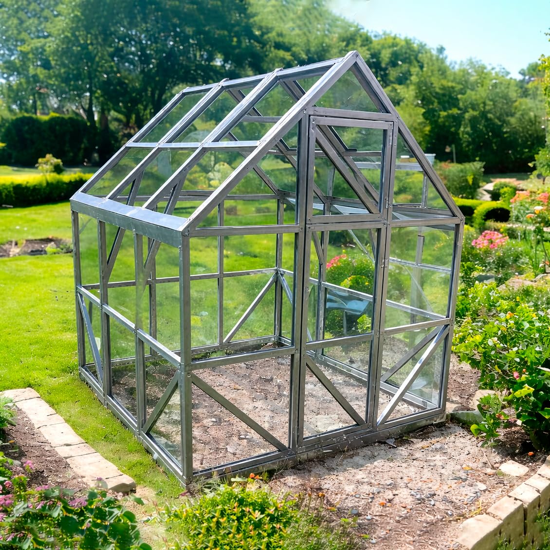 Stahl Gewächshaus Micro 185x185x208cm mit Holzfundament, 4 mm HKP UV-Schutz