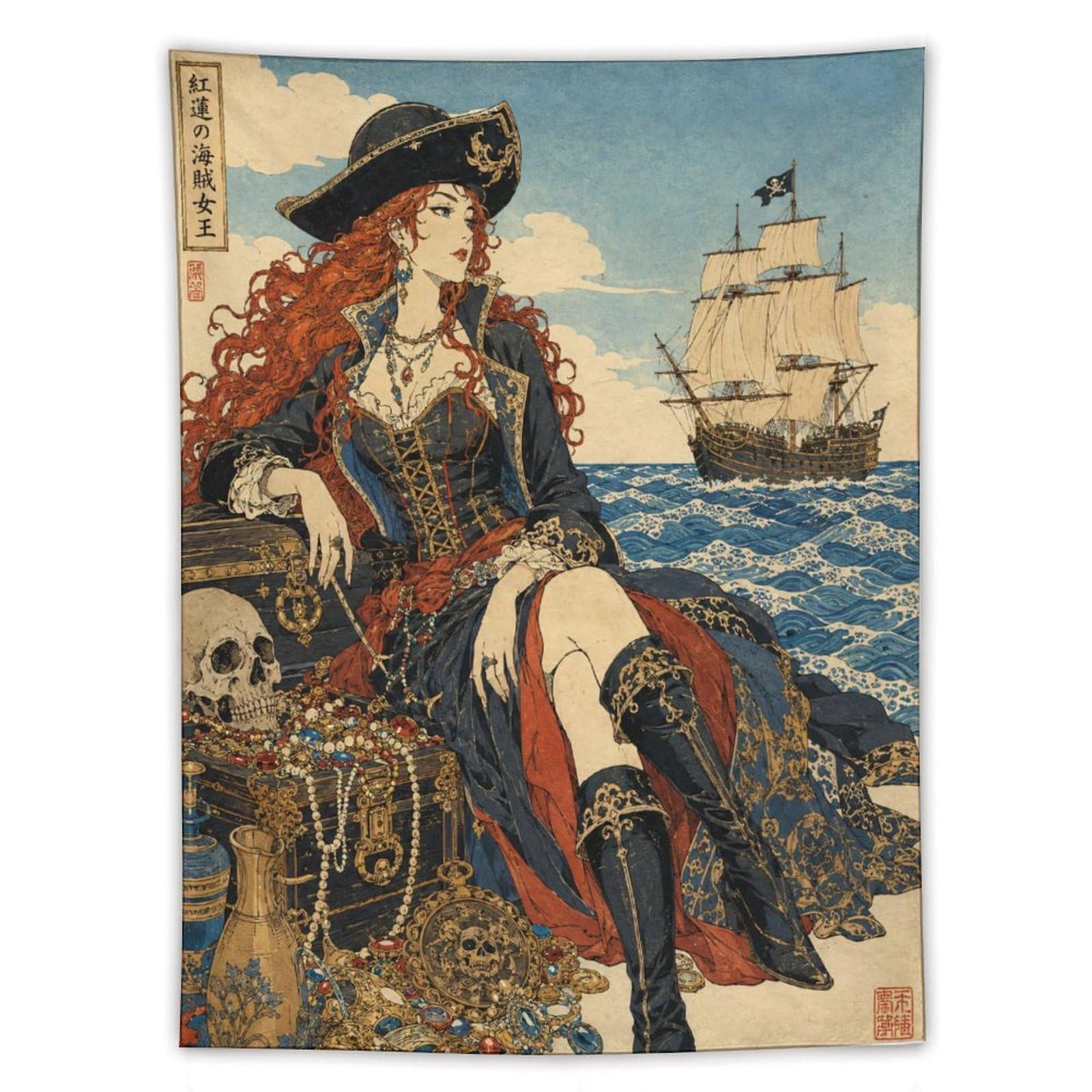 W7C8U2X3 Pirate Queen with Ship Wall Tapestry, Ukiyo-e Style, College Dorm