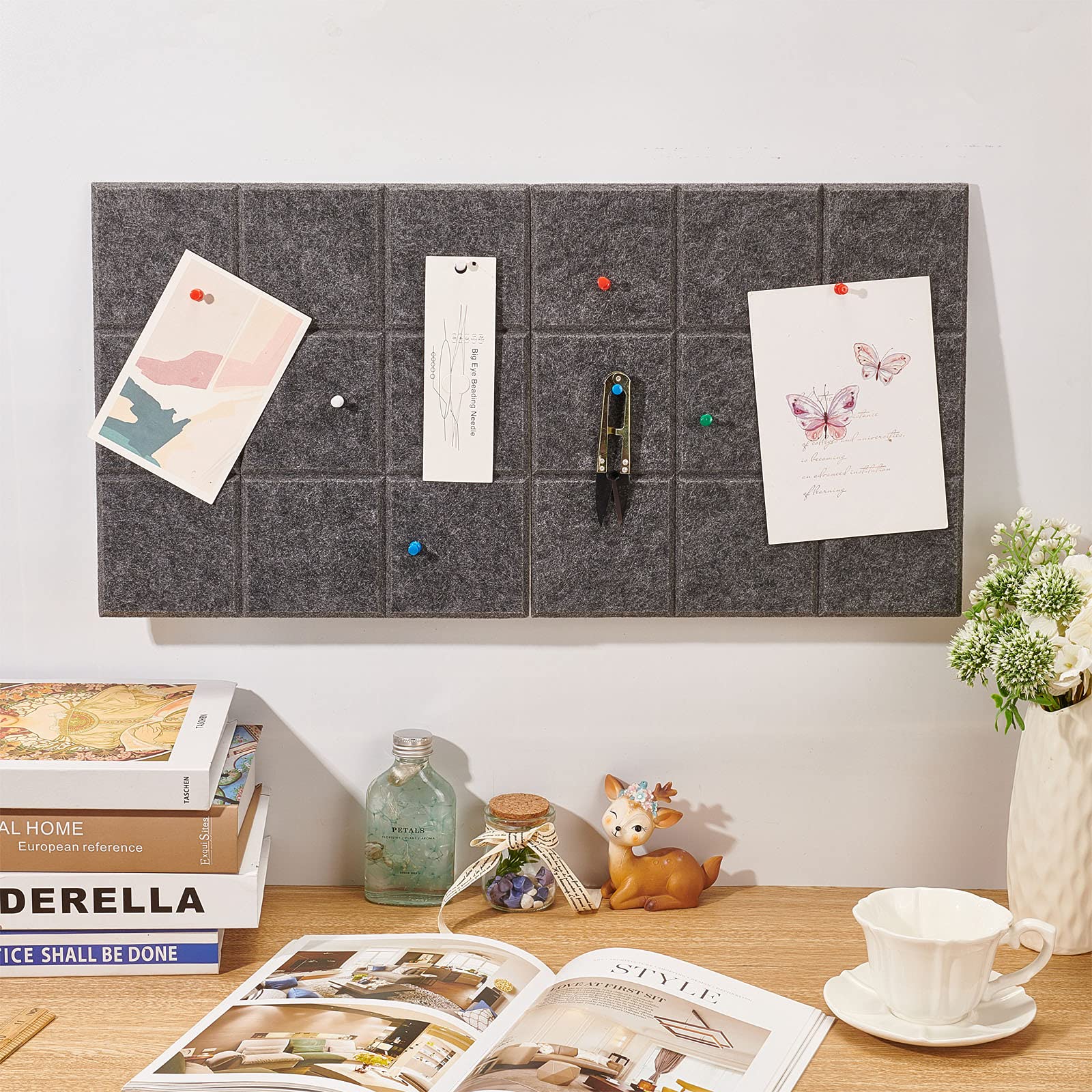 nbeads 4 STK. Filz Pinnwand, Quadratisches Filzbrett Schallabsorbierende Dekorplatte Memo Bulletin Wall Board Mit 40 Push Pins Für Office Home Decor, Grau, 30x30 cm