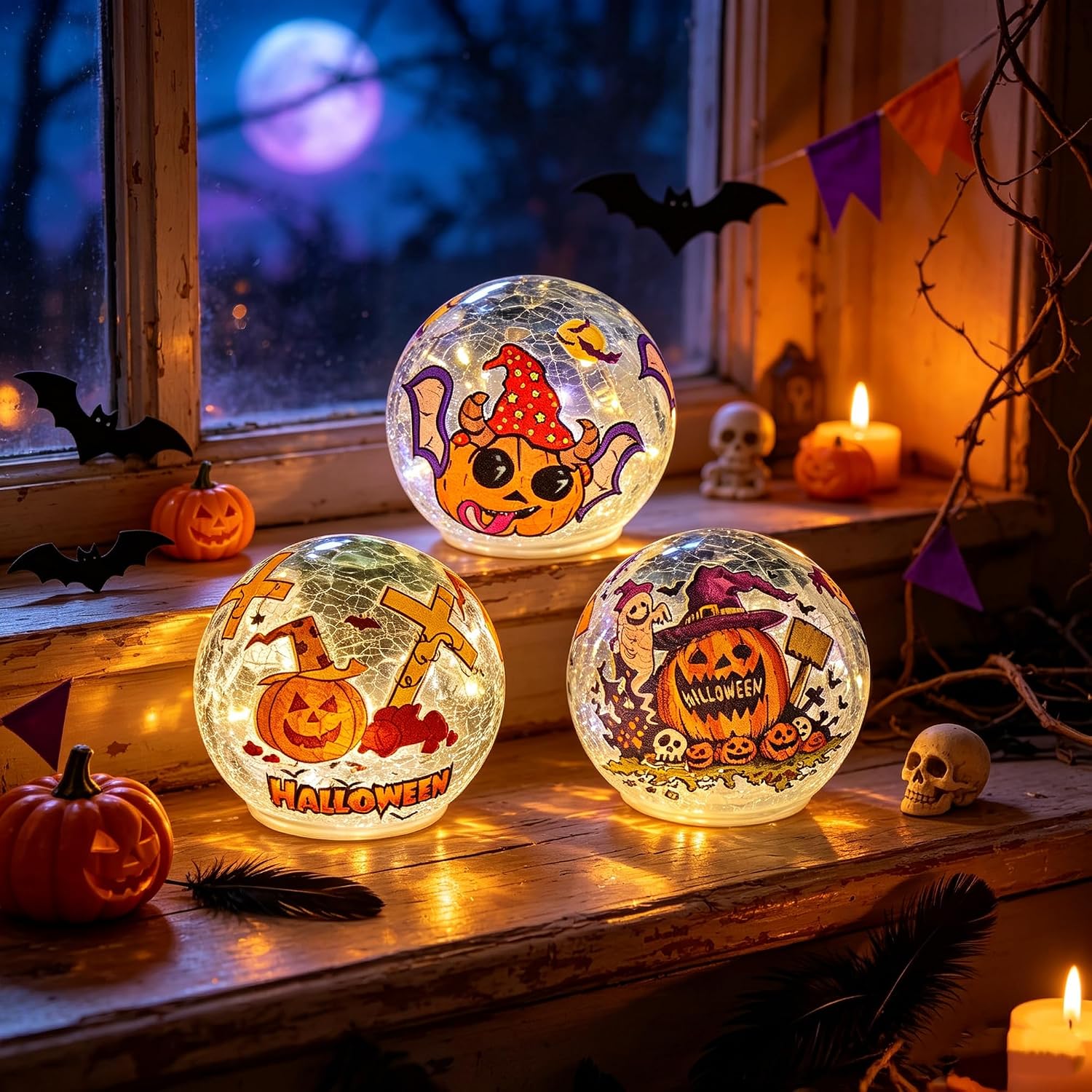 3 Pack Halloween Desktop Decorative Lights, Interior Decorations, LED Cracked Glass Ball Lights with Timer (Orange Pumpkin)