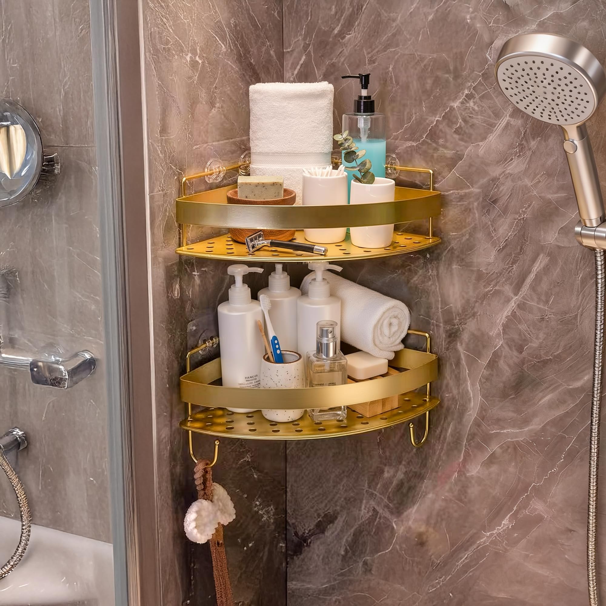 Eck Duschregal Gold, 2 Stücke Edelstahl Duschcaddy mit 4 Haken, Klebe Duschablage Ohne Bohren, Dreieckiges Badregal Zur Aufbewahrung Für Dusche Und Toilette