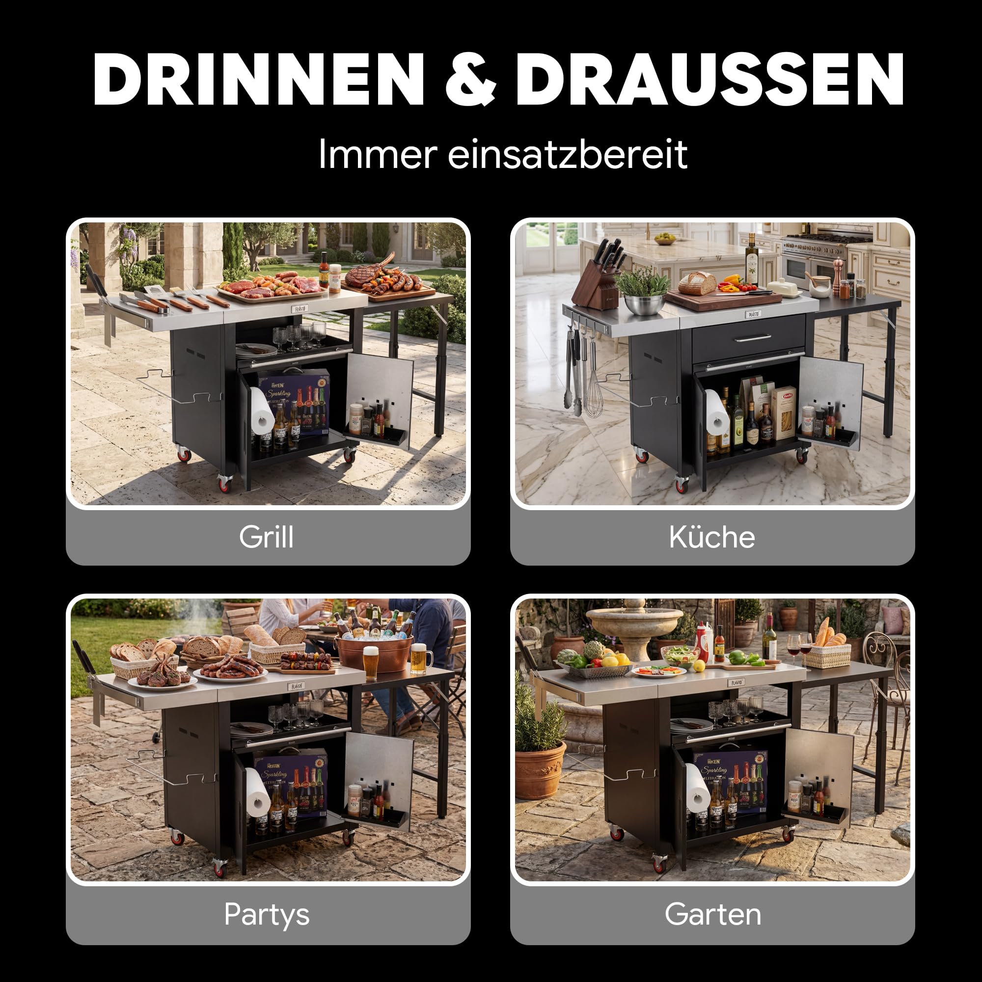 Outdoor-Küche Grillwagen Outdoor Grilltisch Outdoor wetterfest mit Schrank | 188x66x92 cm Servierwagen Pizzatisch mit 2 Klappbarer Beistelltisch, ausziehbare Ablage, für Pizzaofen, Außenküche,Terrasse