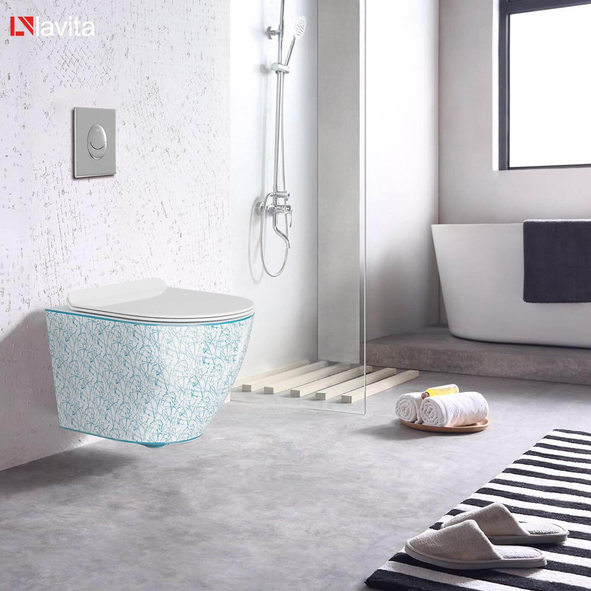 Lavita Vorwandelement Solido Start + Wand Hänge WC Sofi Slim Kresz Weiß/Blau Spülrandlos + WC Sitz mit Absenkautomatik Verchromter Knopf Komplettset Unterputz Spülkasten Toilette Komplett Sett WC