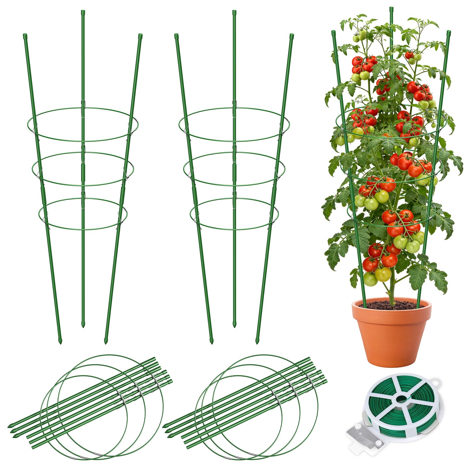 MYMULIKE 4 Pack Tomaten Rankhilfe, 90CM Tomato Rack Round Green, Einstellbar Rankstütze Für Kletterpflanzen Rund, Geeignet für Tomaten, Gurken, Zimmerpflanzen, Gartenpflanzen with tie 20M/1 roll