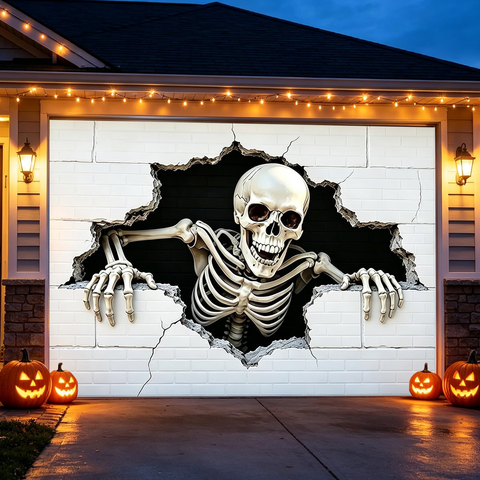 Halloween Garage Door Cover banner, Hanging Backdrop with Skeleton Design