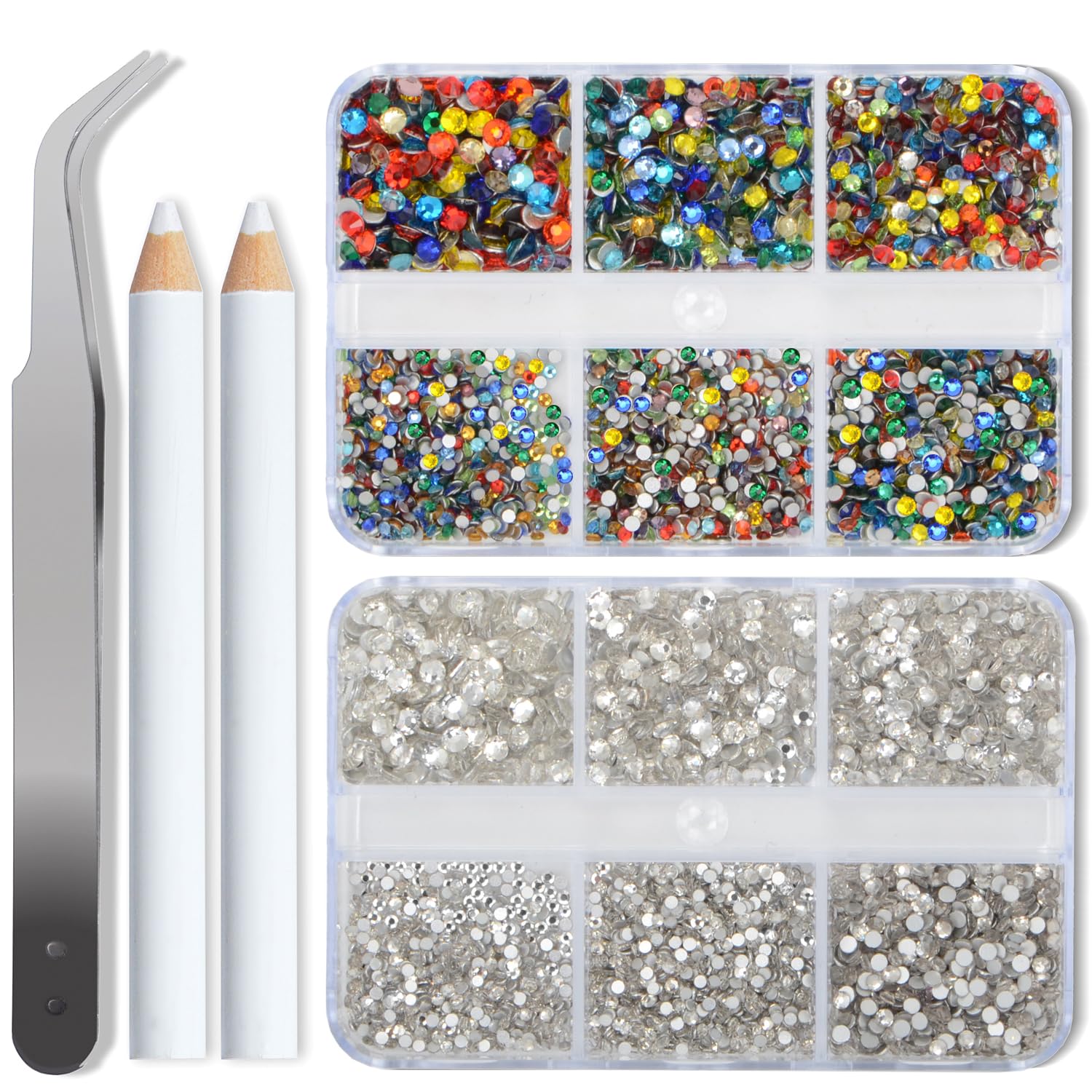Bymitel 7200 Pieces Clear Crystal and Mix Rhinestones Flat Back 6 Mixed Sizes Crystal Round Glass Gems with Tweezers and Picking Rhinestones Pen