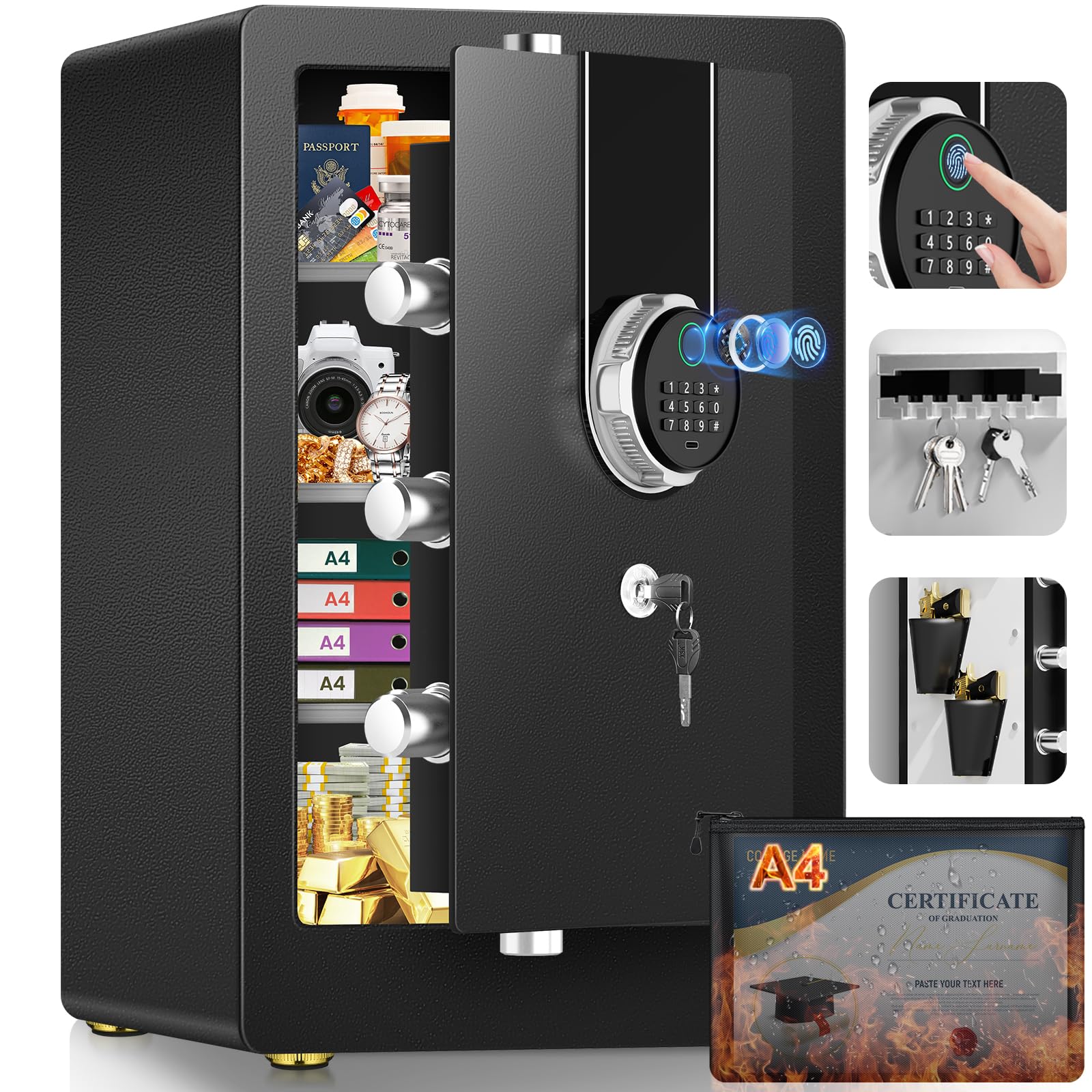 Photo 1 of ??.??" ???? Large Biometric Safe Box, Home Safes Water Fireproof, Duty Document Safe with Bottom Hidden Compartment, Anti-Theft Dual Alerts, Mute Mode, Digital Security for Home and Business