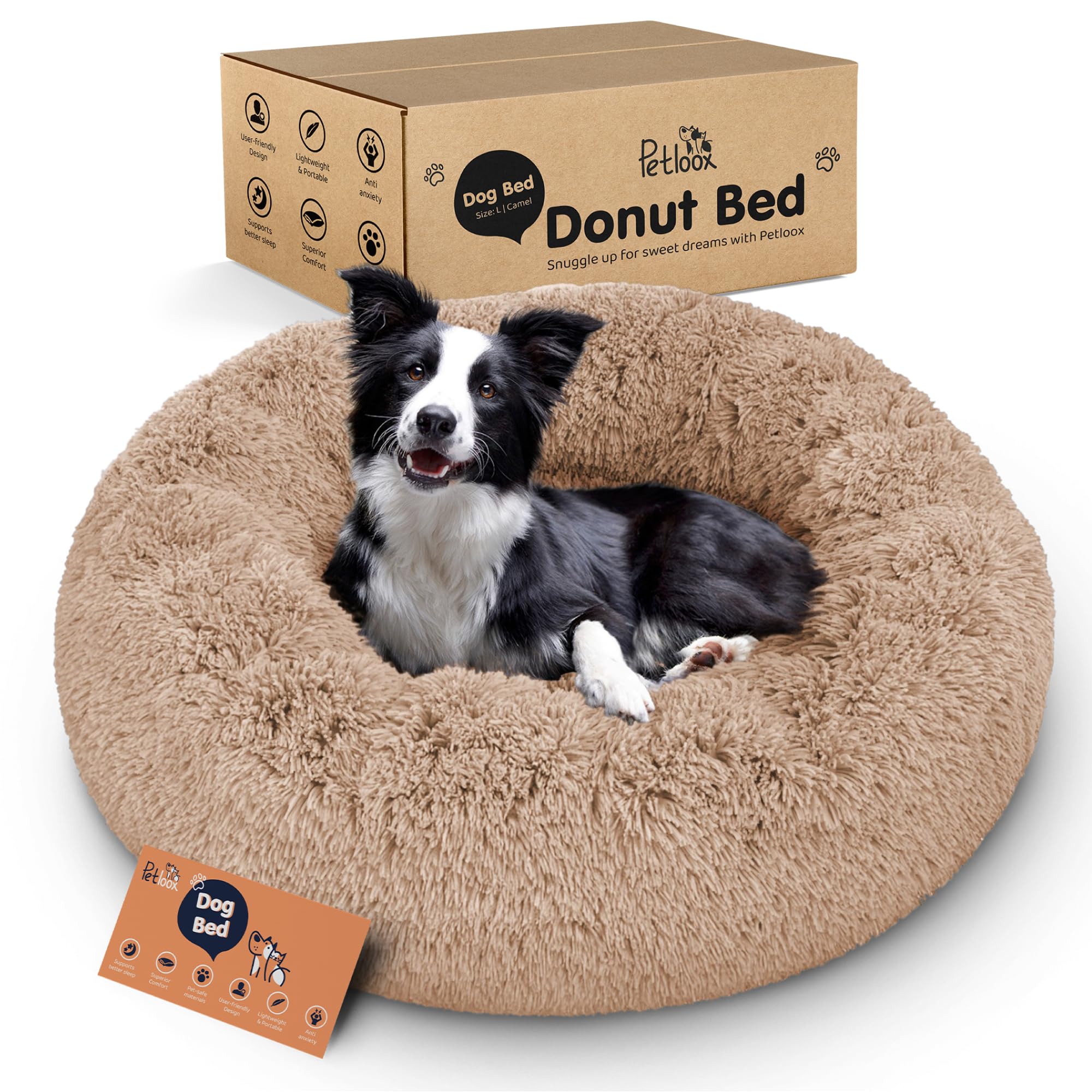 Donut Dog Bed - Premium Comfort for Anxiety Relief - Fluffy & Calming Design with Ultra-Plush Support | Cozy Round Dog Bed with Super Soft Circle Style (Camel, Large)