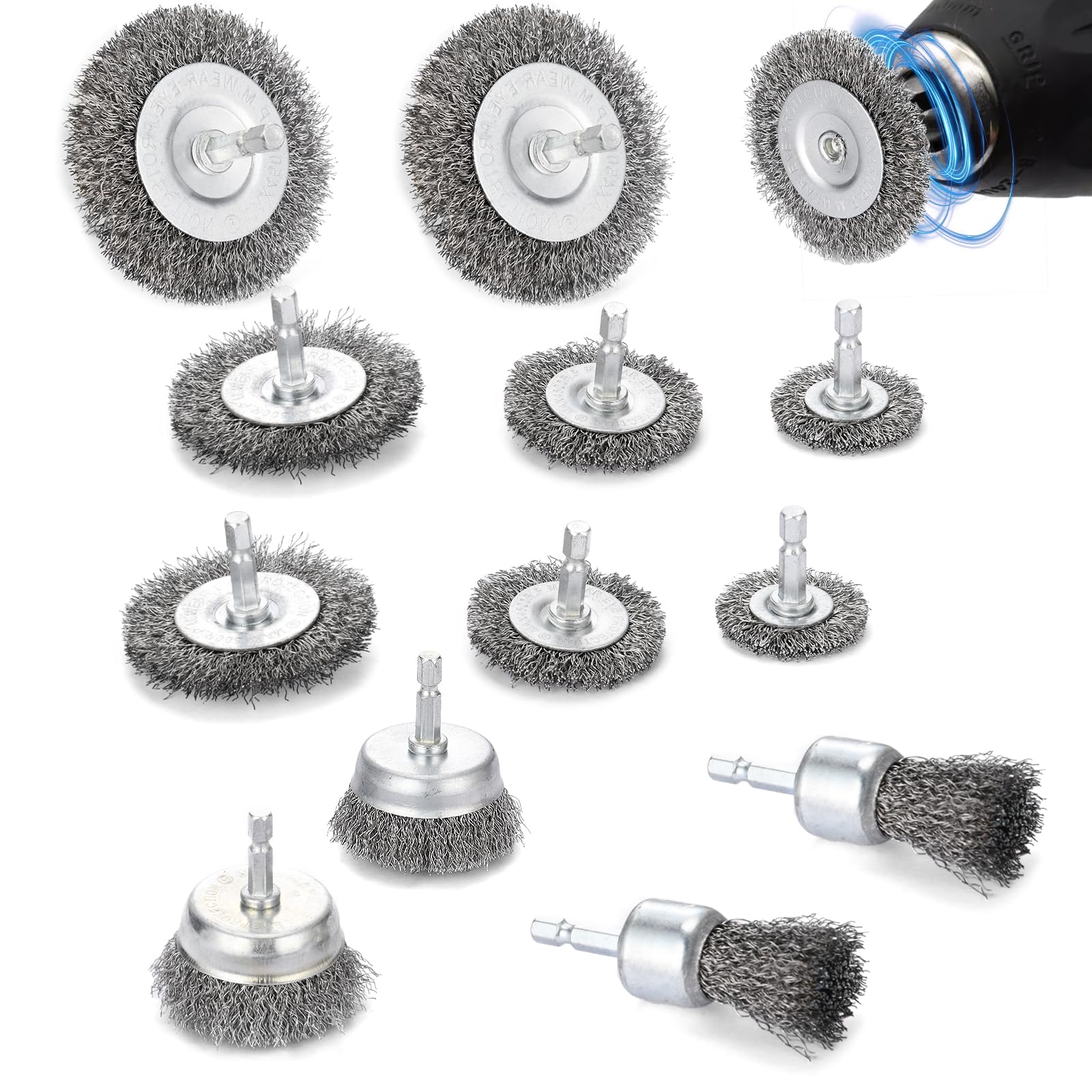 12Pcs Wire Wheel Cup Brush Drills Set, Durable Steel Wire Metal Wheel Brushes, 1/4 Inch Hex Shank Coarse Carbon Steel Wire Wheel, Tube Brush Kit for Cleaning Rust Removing Paint