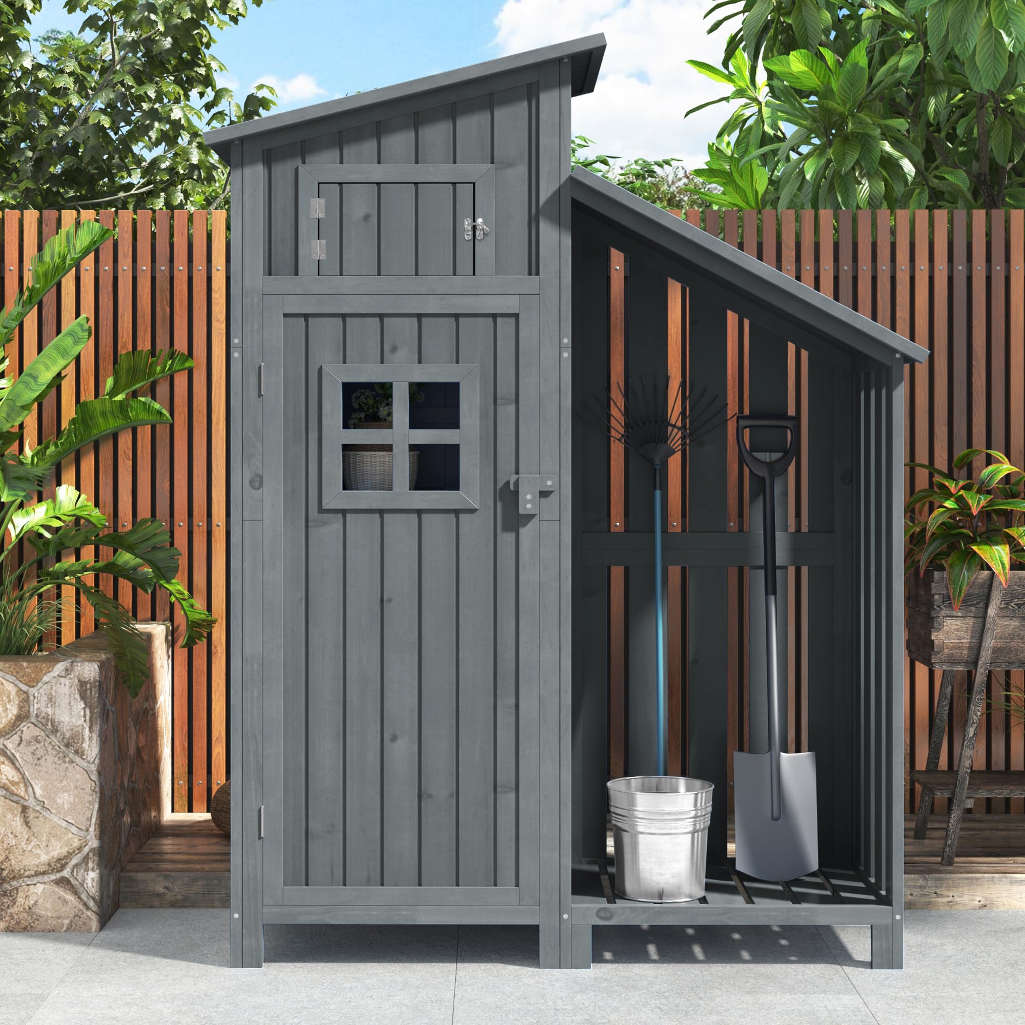 Armario de jardín de madera con 2 estantes, resistente a la intemperie para bicicletas y equipos (pequeño refugio de madera) para pequeños jardines y patios, color gris