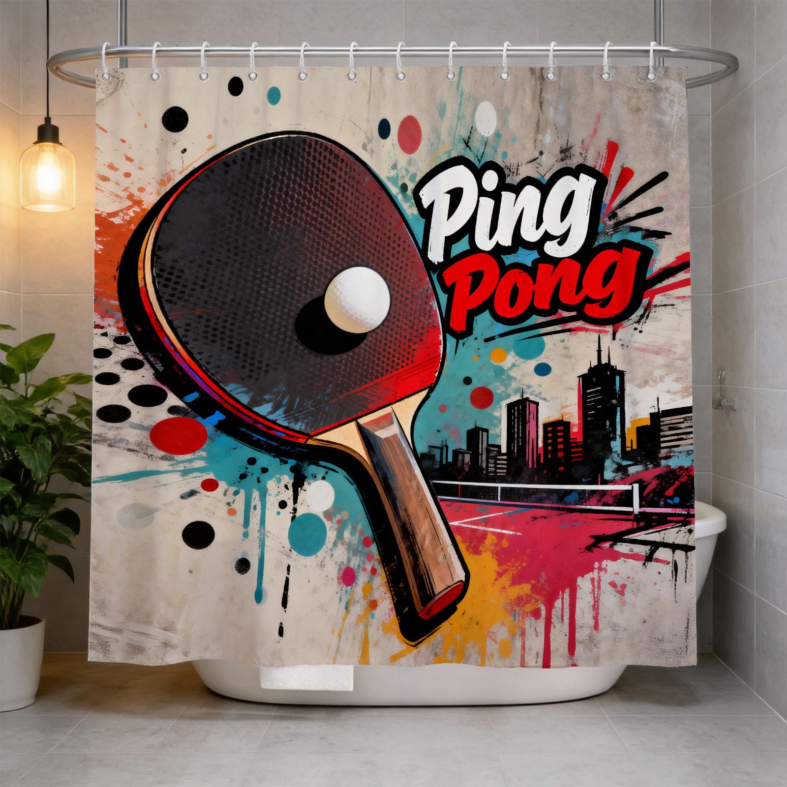 Hongduo 3D Pingpong Shower Curtain for Stalls Bathtubs Sports Competition Bathroom Decor Shower Curtain Set Polyester Fabric Waterproof 120x180cm/48X71 Inch with Hooks