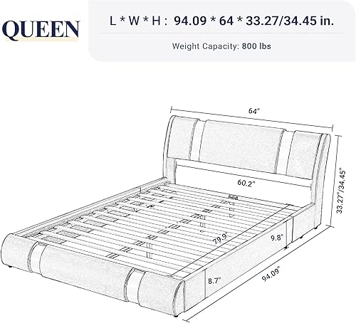 Miniatura 2 de Allewie Base de cama de plataforma tamaño Queen con decoración de piezas de hierro, cama tapizada de piel sintética con cabecera ajustable curvada,