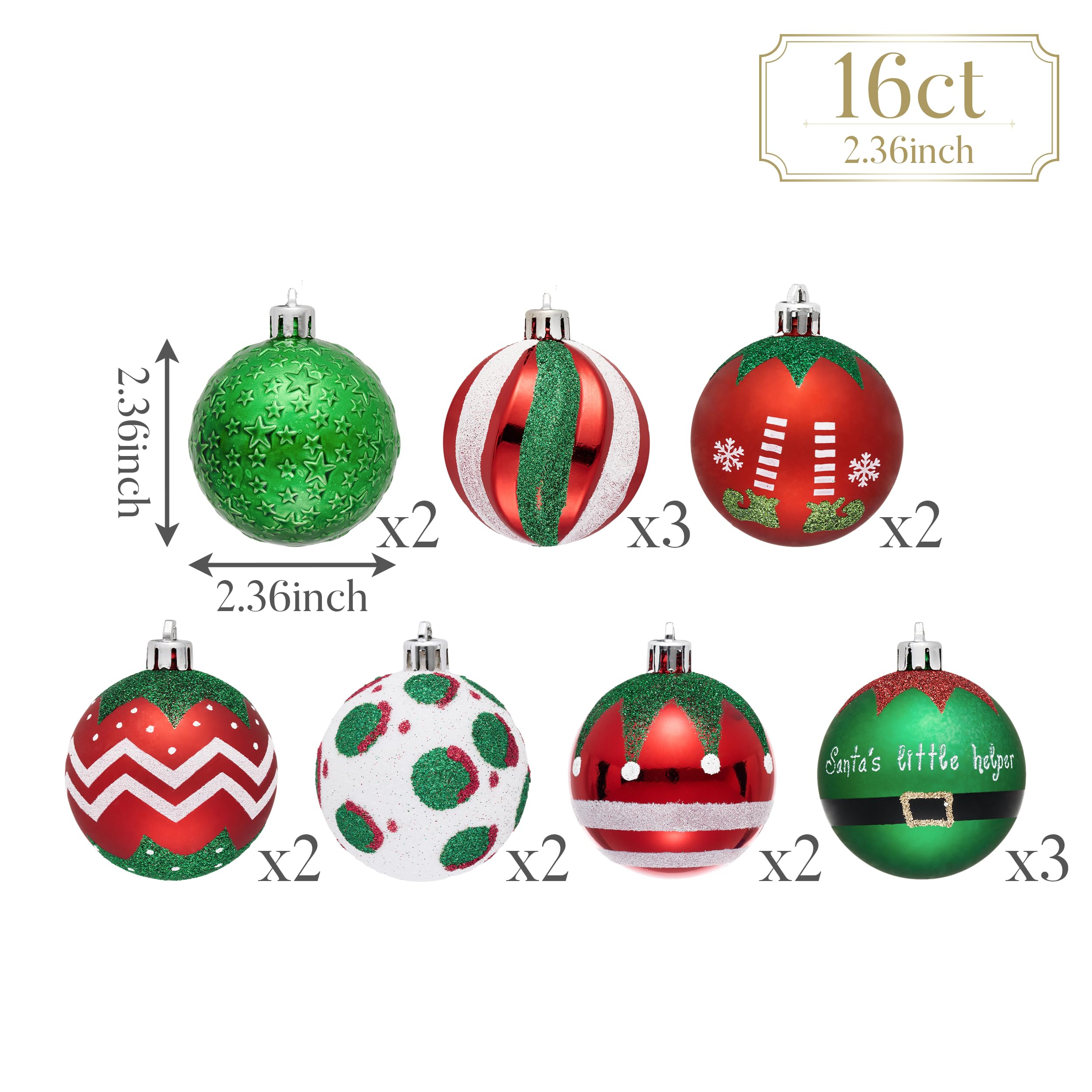 Valery Madelyn Lot de 16 boules de Noël incassables à suspendre pour sapin de Noël, rouge, vert, blanc, 6 cm