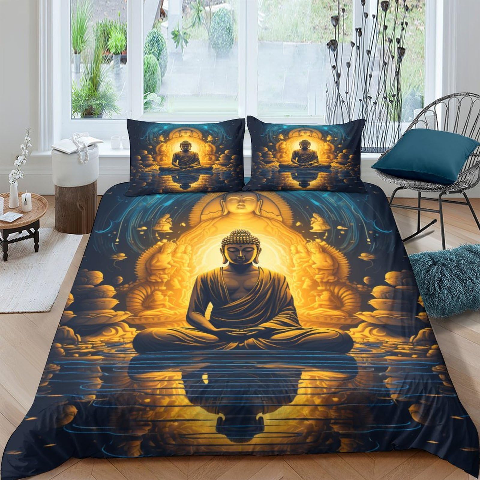 AAHARYA Buddha 3 Pieces Duvet Cover,3D Buddha Printed Bedding Set,with Pillowcases,Hidden Zipper,soft Microfiber Quilt Cover King（220x240cm）