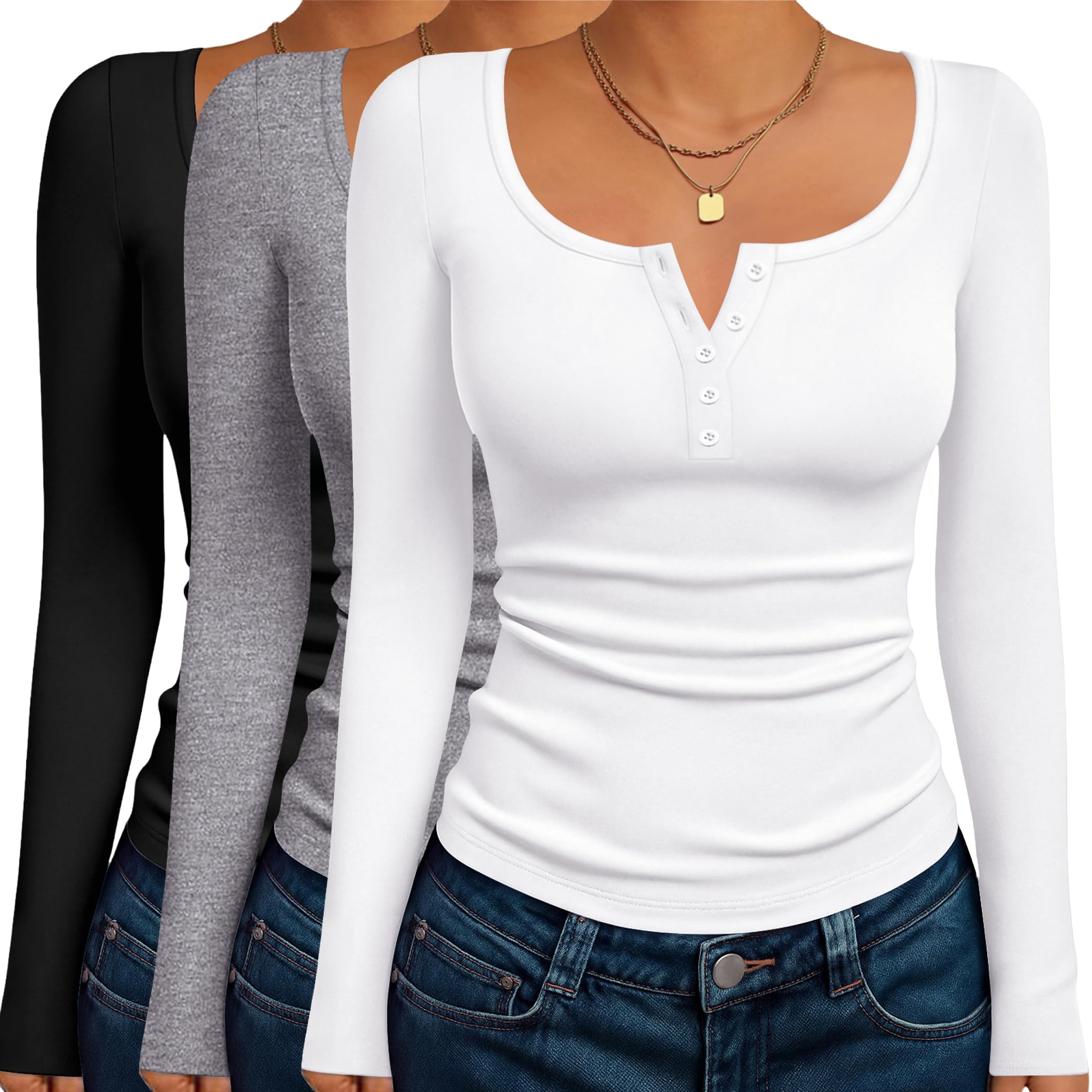 Henley T Shirts for Women Long Sleeve 3 Packs Autumn Buttons Slim Fit Baselayer Soft Thermal Undershirts-image-33