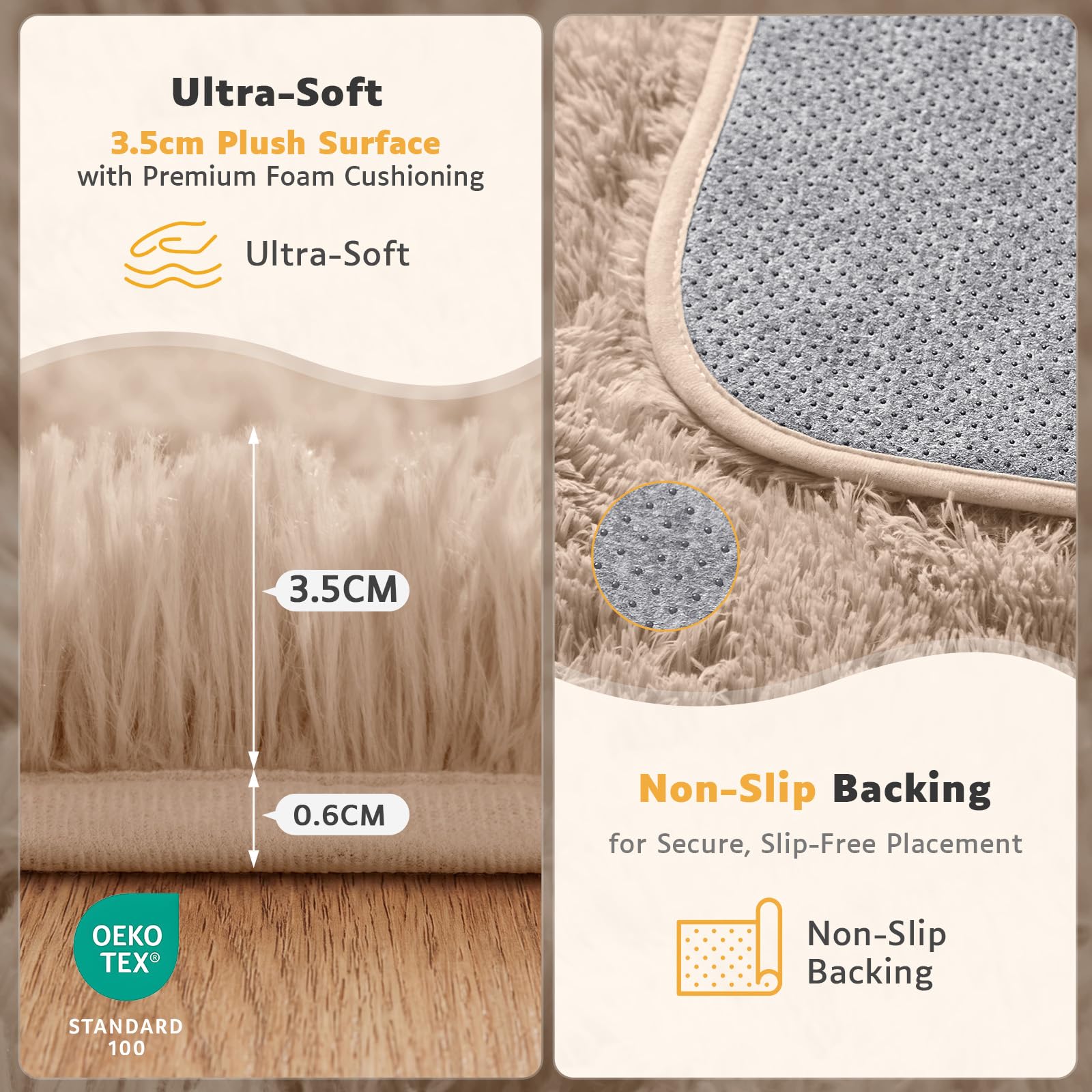 Hochflor Flauschig Teppich Wohnzimmer Schlafzimmer Läufer 160x230cm Kamel | Waschbar rutschfest, weicher Flor, vielseitige Teppiche, Carpet für Wohnraum, Schlafraum, Küche, Flur, Esszimmer, Eingang