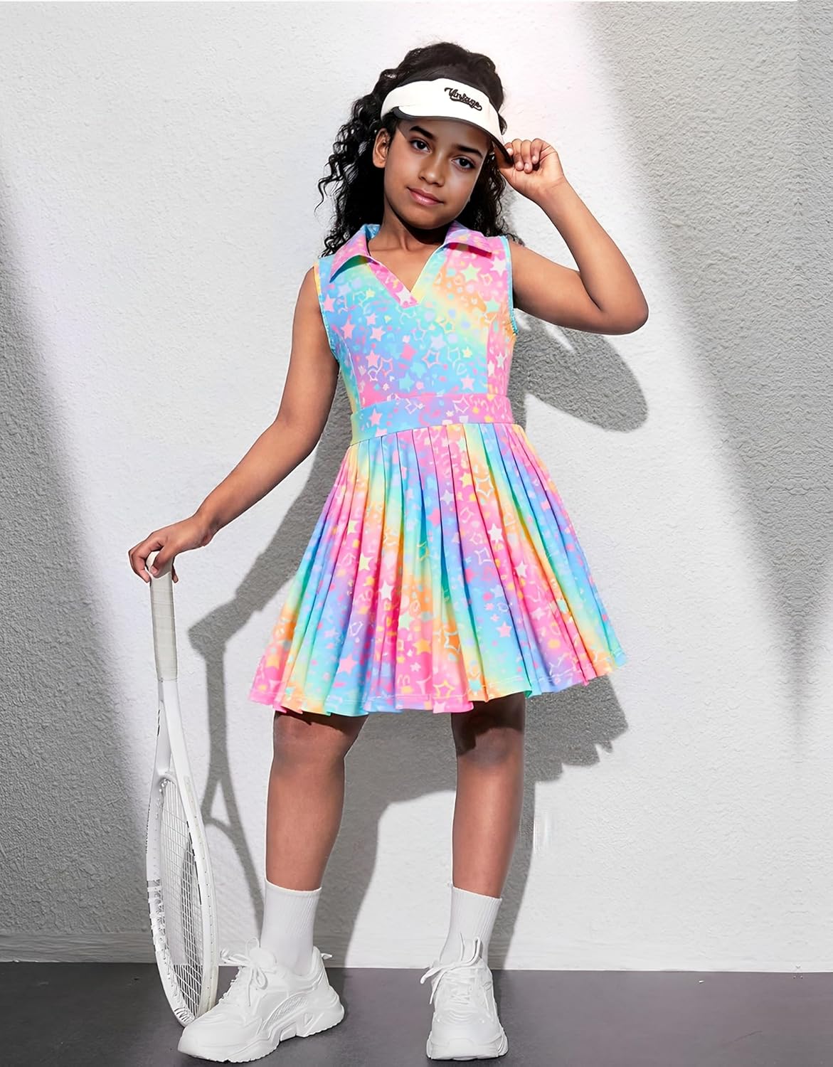 JiAmy Girls Tennis Dress Sleeveless Polo V Neck Athletic Dress Cutout Back Printed Pleated Girls Golf Dresses 3-12 Y