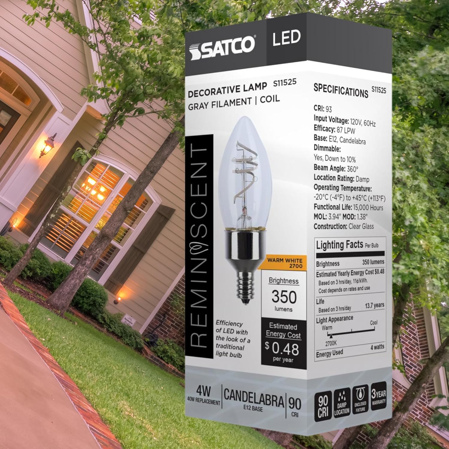 Satco S11525 LED Bulb, 4W (40W Eq), B11 Candelabra Vintage Style, Flex Gray Coil Filament, 2700K Warm White, E12 Base, Dimmable, Clear Glass, 350 Lumens, 120V, Enclosed Rated (2 Pack)