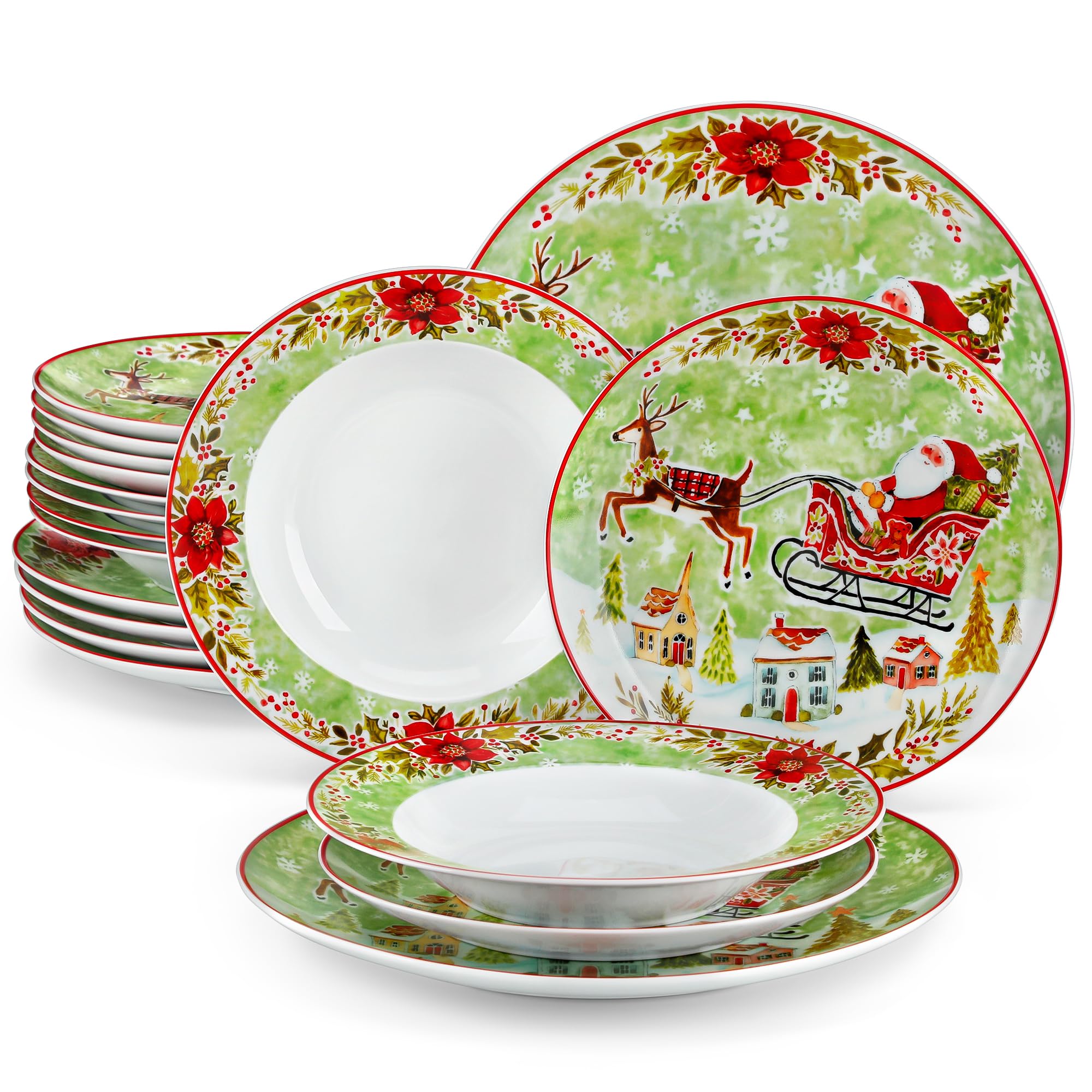 VEWEET, Serie XMAS, 18-teiliges Porzellan Weihnachtsgeschirr Set für 6 Personen – Teller Set aus 6 Speiseteller, 6 Dessertteller, 6 Suppenteller, Weihnachtsgeschirr mit Weihnachtsmann und Rentiere