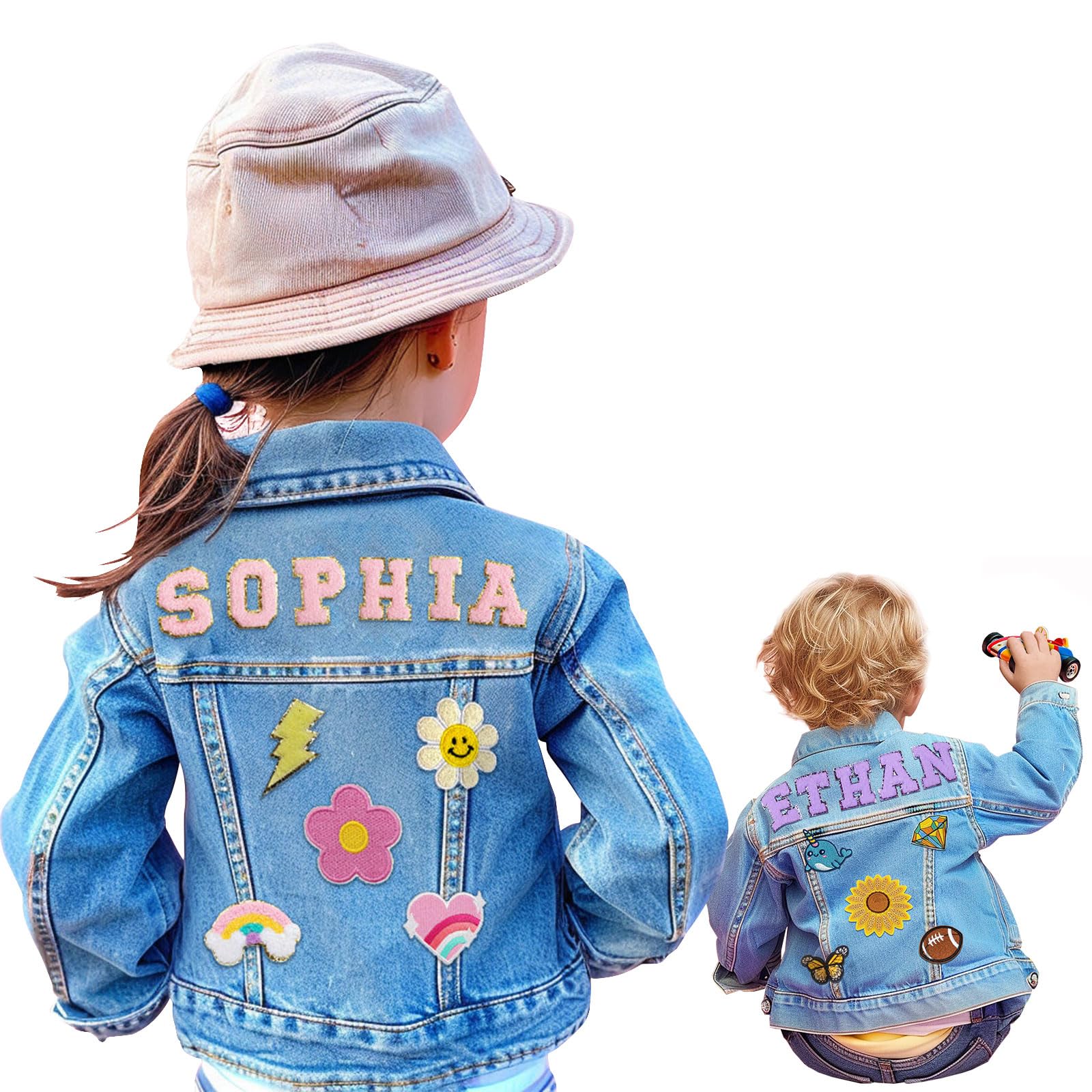 Personalisierte Jeansjacke für Kinder mit Namen, Individuell langärmelige Jeansjacke mit Muster für Mädchen und Jungen, 1-10 Jahre, Geschenke zum Schulanfang, Geburtstag und Weihnachten