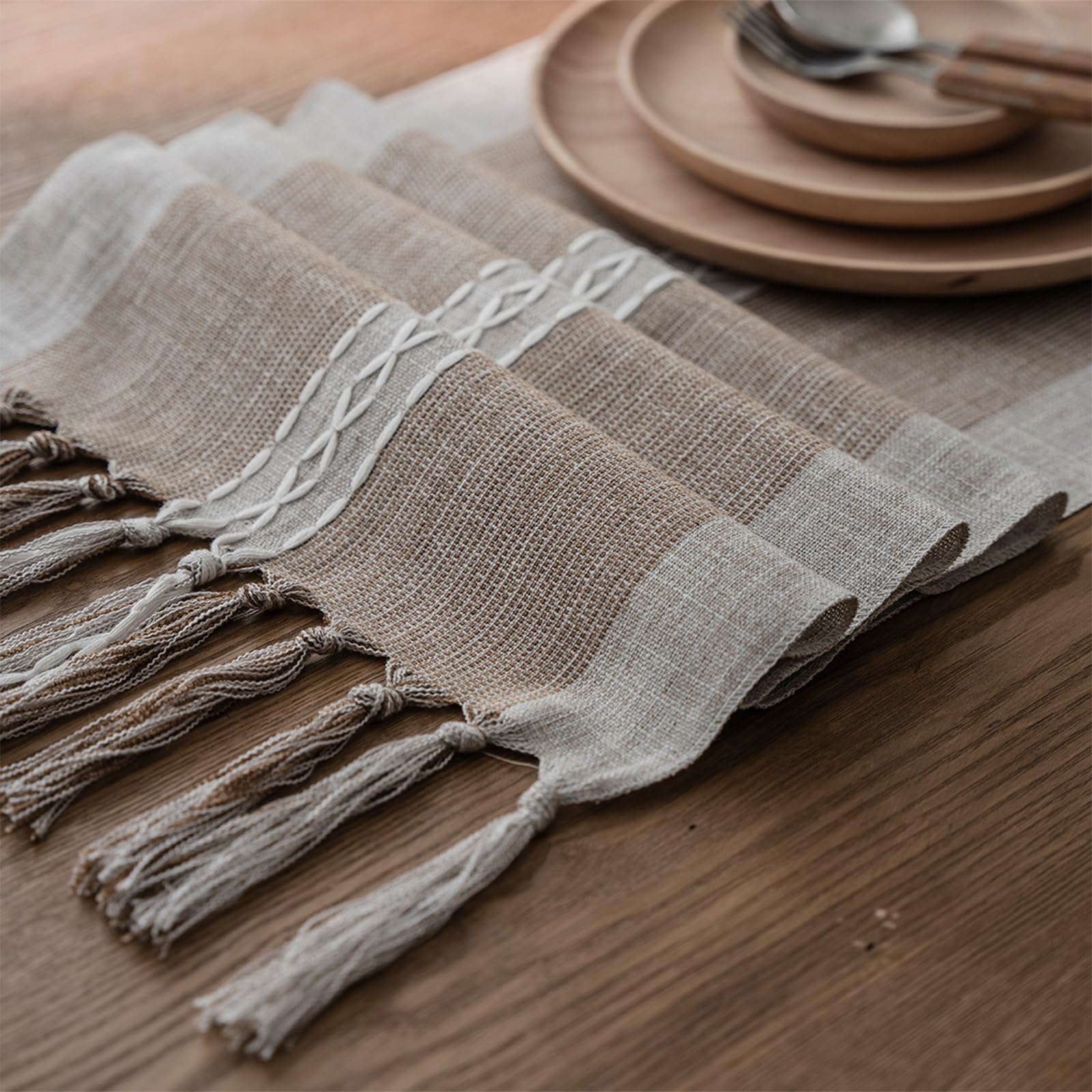 Niviy Chemin de Table brodé à Rayures tressées de Style bohème - Décoration de Table Basse en Coton et Lin - Décoration de Table pour fête de Vacances - 30,5 x 274,3 cm