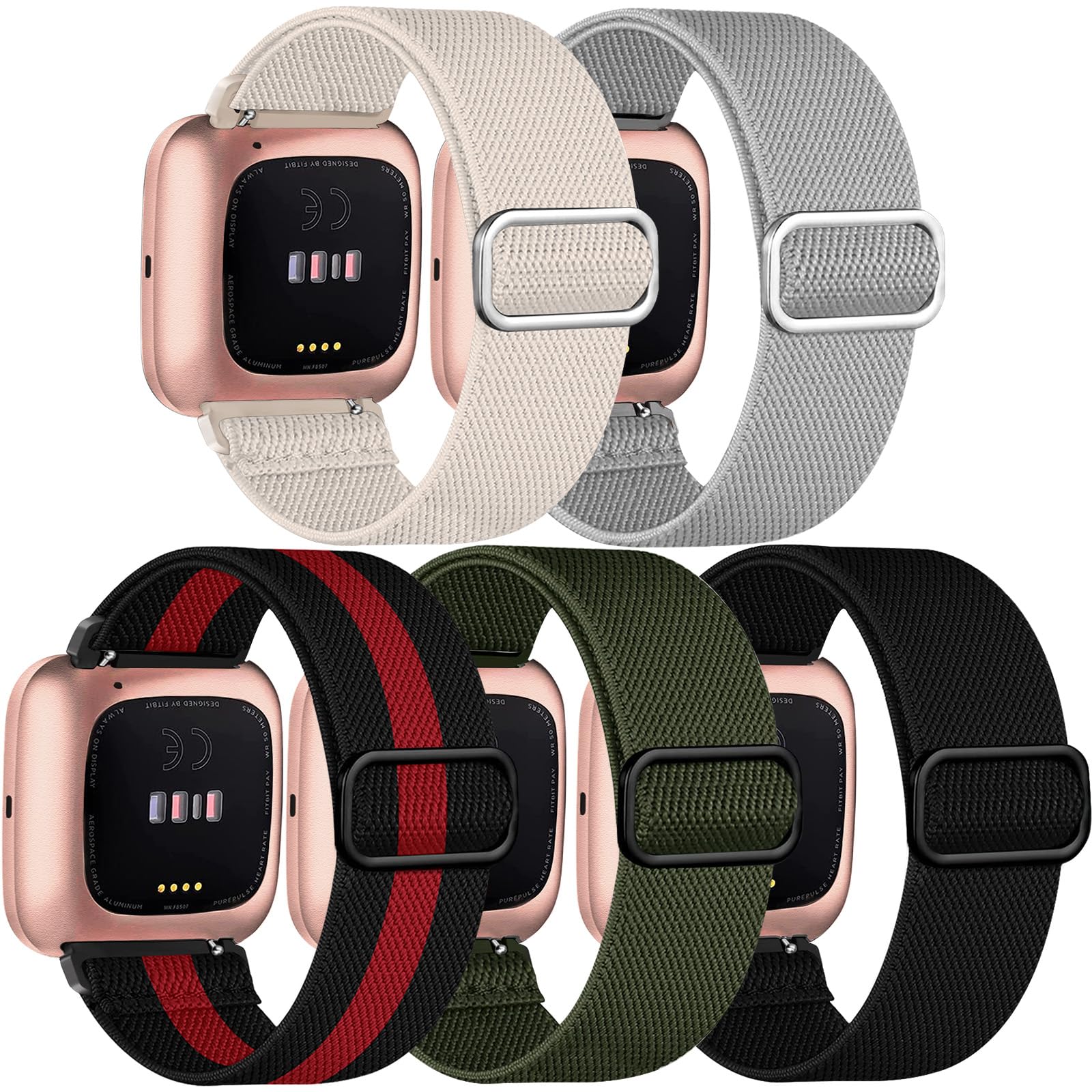 Chinber 5 Pack Bands Compatible with Fitbit Versa 2 Bands for women/Versa Lite/SE, Soft Adjustable Nylon Braided Sport Solo Loop Smartwatch Band for