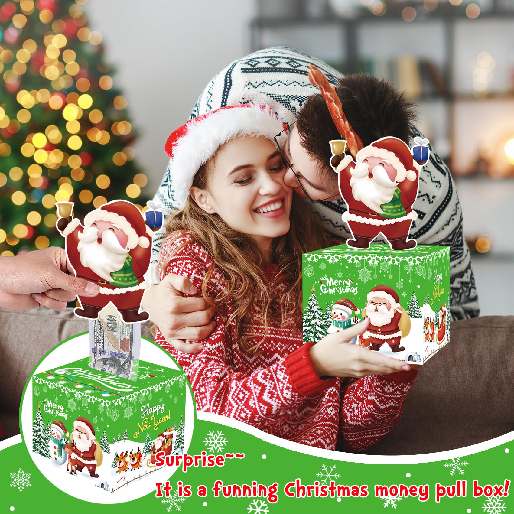 Meiidoshine Green Christmas Money Boxes for Cash Gift Pull, Surprise Money Holder Cash Gift for Kids Adults, DIY Fun Cash Box for Women Men Girls Boys Mom Dad Friends, Include 100Pcs Transparent Bags