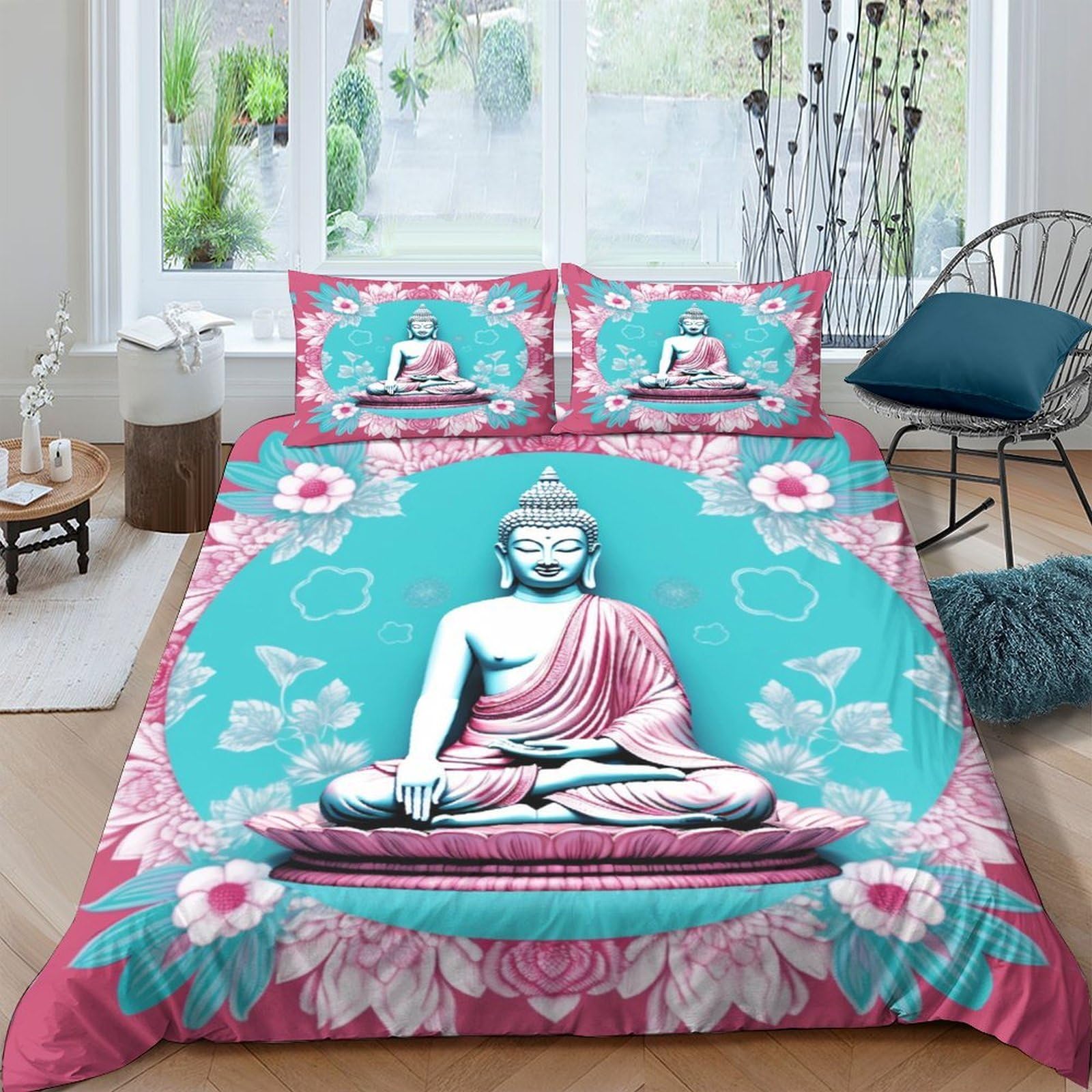 GPLZQXKJNH 3D Printed Buddha Lotus Duvet Cover Microfiber Soft Breathable Mandala Bedding Set with 2 Pillowcases for Bedroom Home Decor Single（135x200cm）