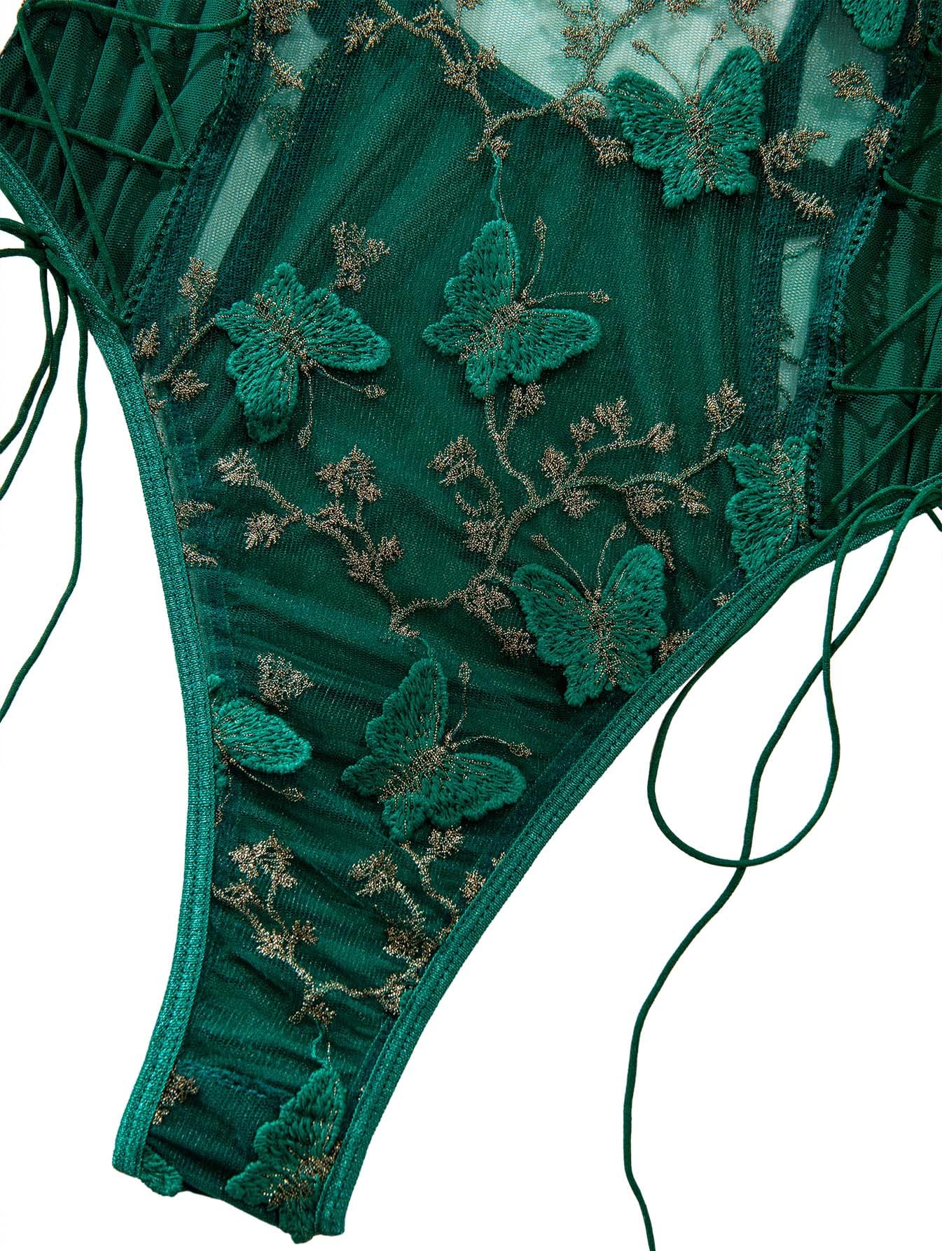 Lilosy Women Sexy Lace Up Floral Embroidered Teddy Lingerie Bodysuit Top Mesh Sheer One Piece: XX-Large Butterfly Army Green