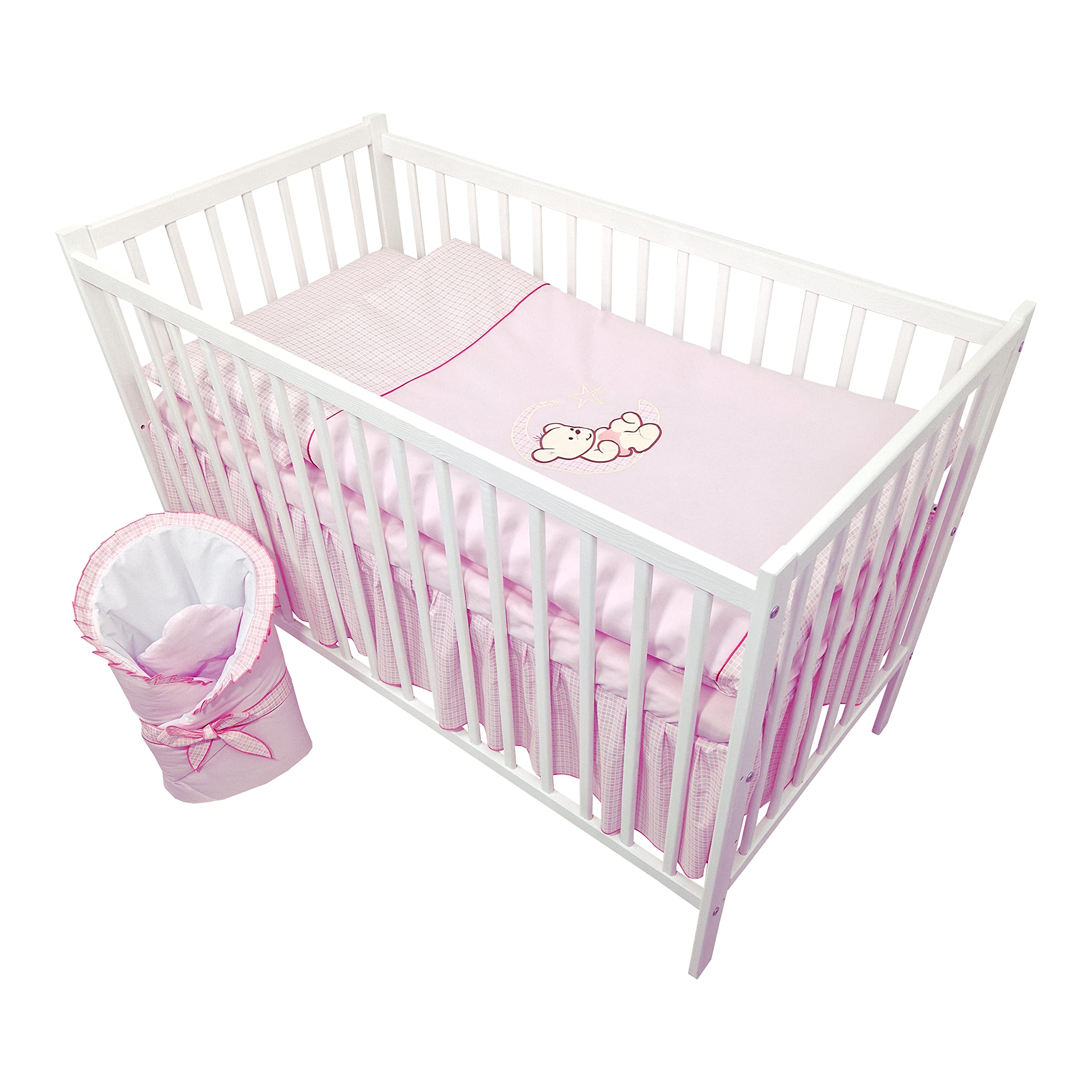 Set completo di 13 pezzi per culla e lettino Happy Leo incl. materasso regolabile in altezza per neonati e bambini in legno massiccio ricamato (Orsetto Luna Rosa)