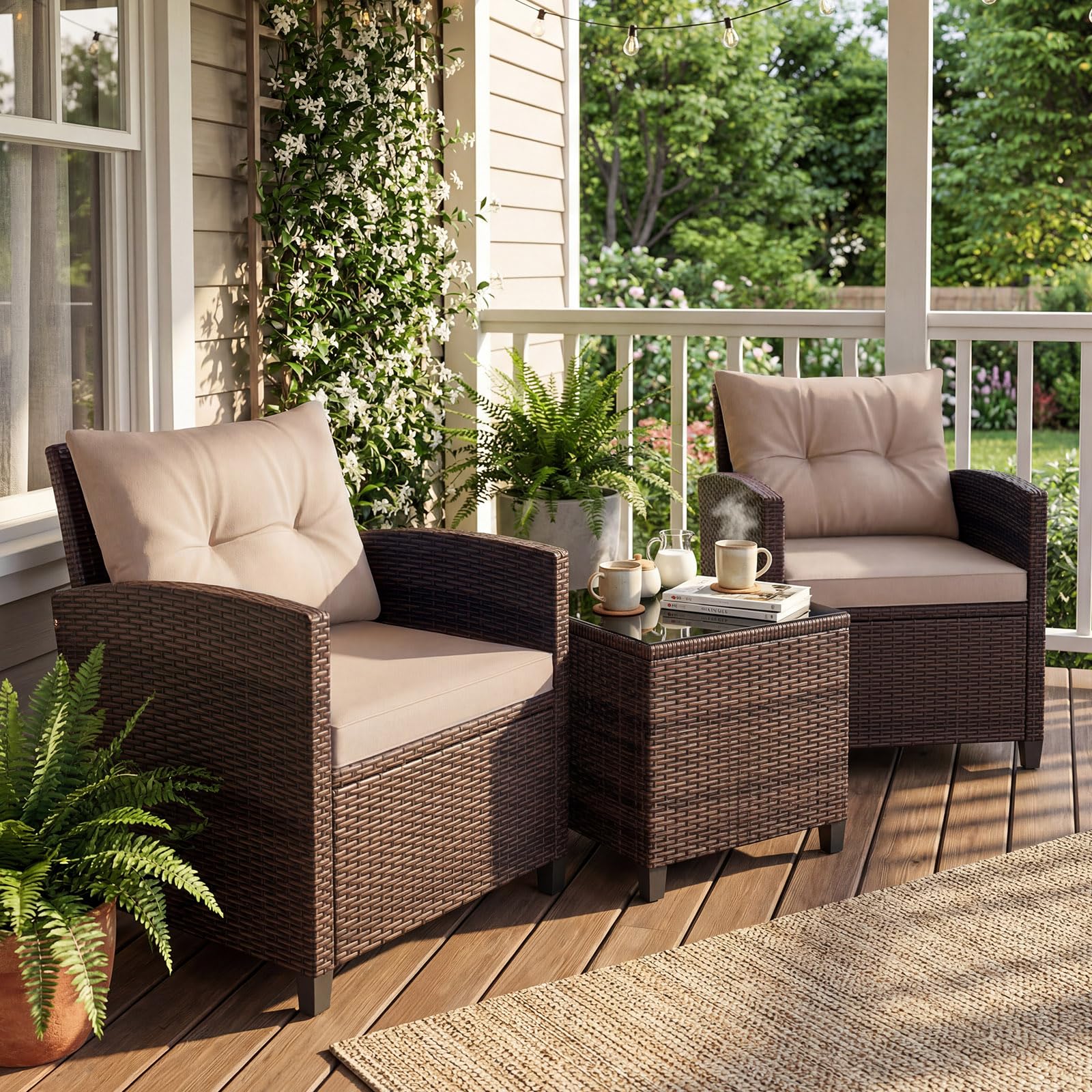 GIANTEX Salon de Jardin 2 Personnes en Rotin, Mobilier Jardin avec 2 Fauteuils, Coussins Amovibles, Table Basse Plateau en Verre Trempé, pour Balcon, Cour, Marron + Beige