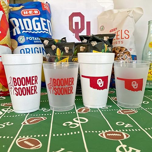 Miniatura 3 de Vasos de plástico esmerilado con licencia oficial de la Universidad de Oklahoma / Boomer Sooner impreso de 16 onzas – Elegantes tazas de fiesta –