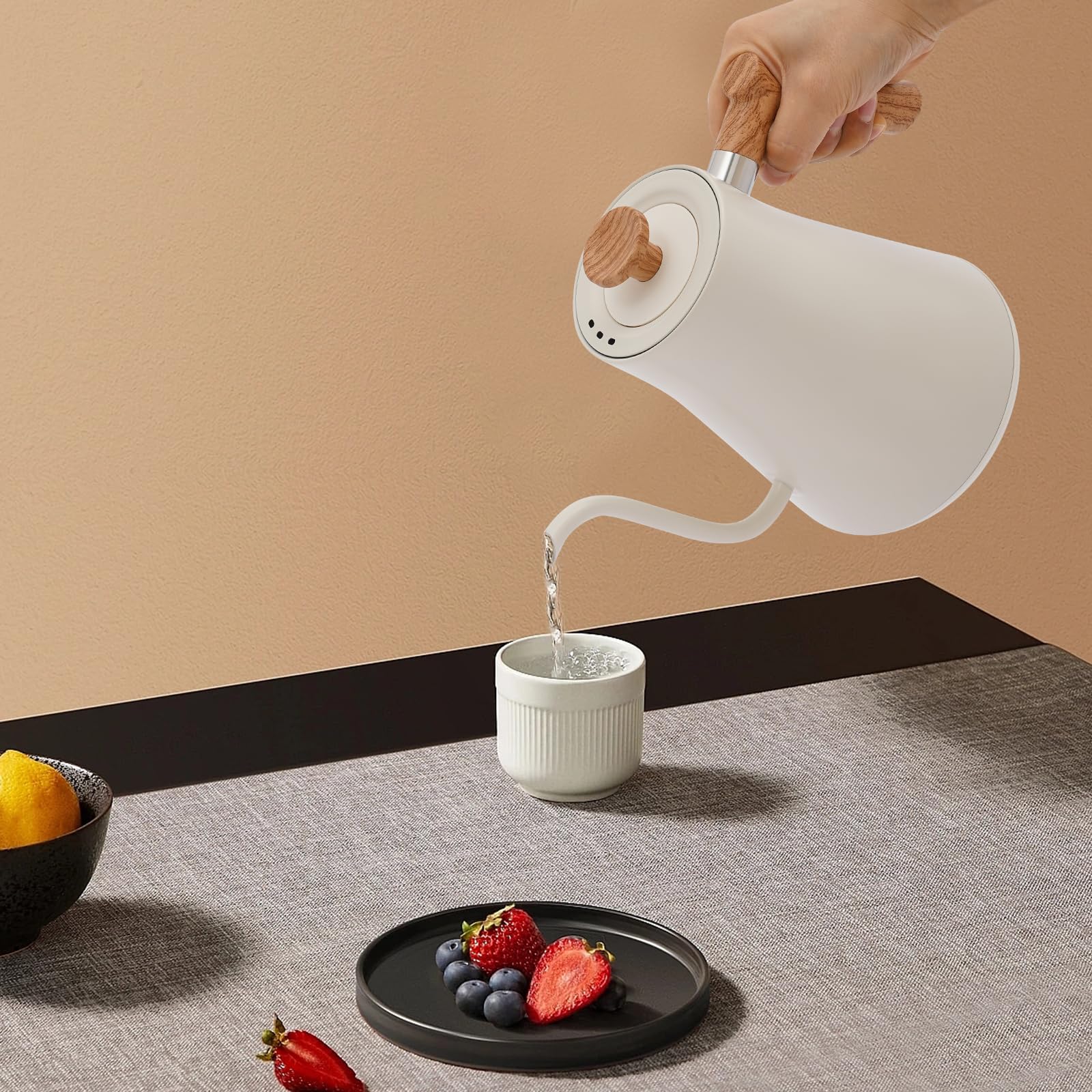 Bollitore elettrico a collo d'oca 900ml con controllo della temperatura display a LED,bollitore acciaio inossidabile ebollizione rapida for caffè versato sulla pressa francese(White)