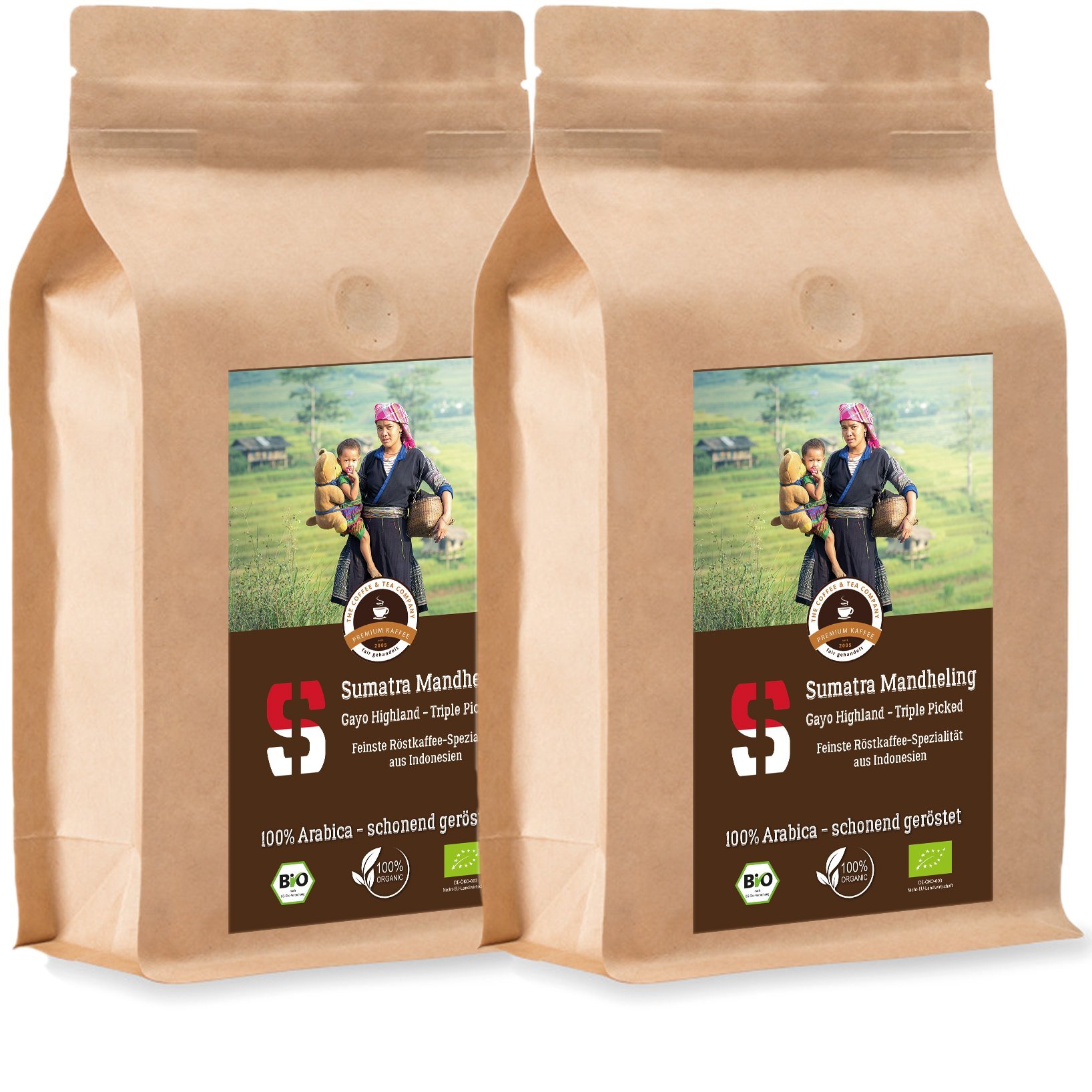 Kaffee Crema Sumatra Bio - 2 x 1000 g Ganze Bohne - für Kaffee-Vollautomat - Röstkaffee aus biologischem Anbau | Nachfüllpack