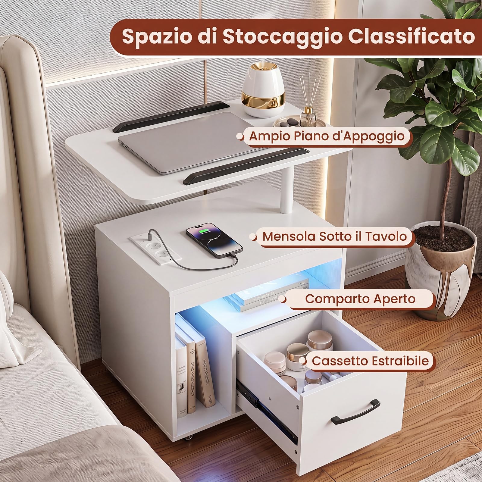 COSTWAY Comodino Camera da Letto con Piano Ribaltabile Girevole (Bianco,1) | con 4 Ruote, Luci LED, Cassetto e Stazione di Ricarica, Comodino Salvaspazio in Legno per Soggiorno, 60 x 40 x 74 cm