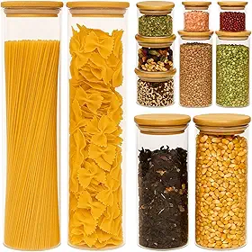 Conjunto com 11 Potes Herméticos de Vidro com Tampa de Bambu para Cozinha Alimentos Mantimentos