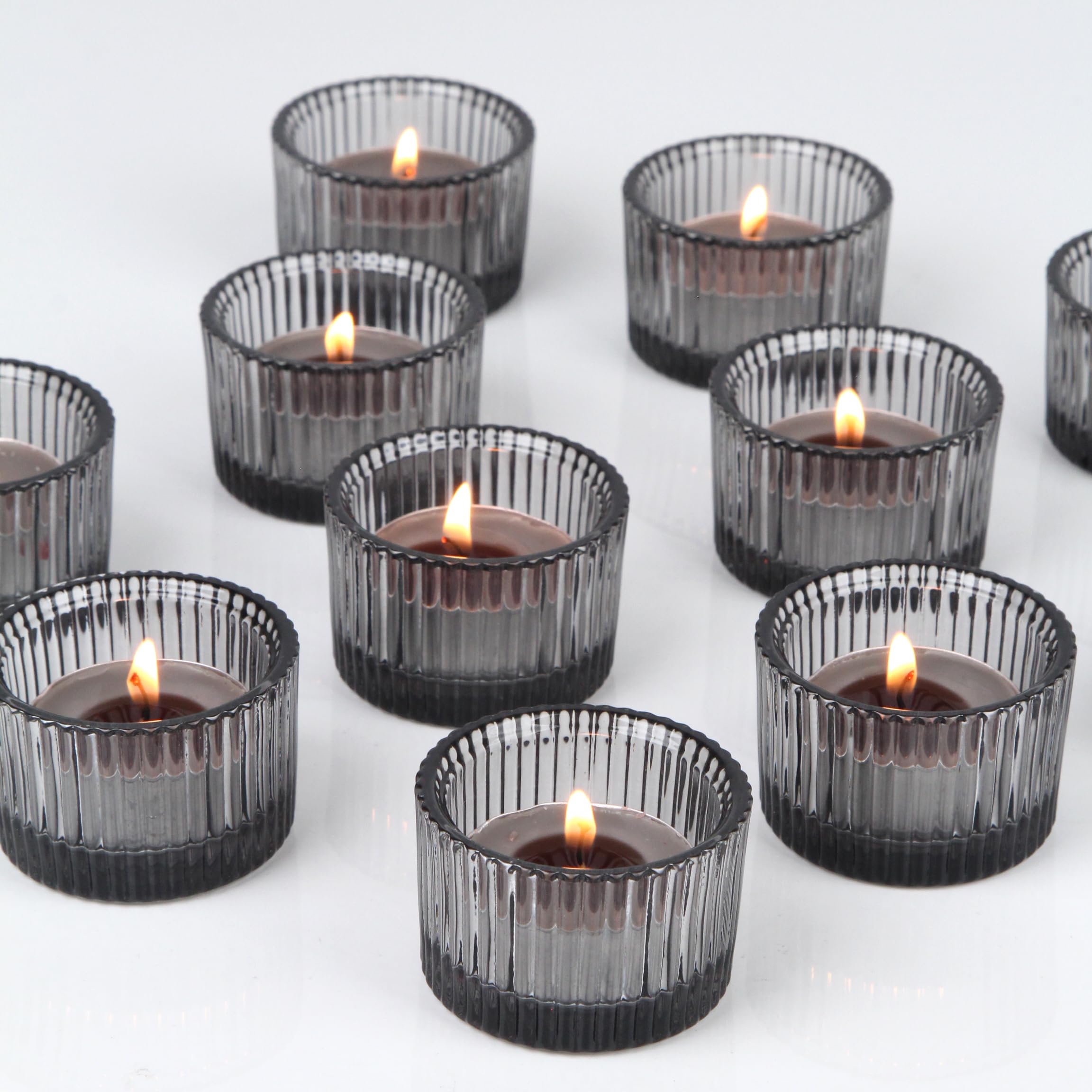 HofferRuffer 12 Pack Glass Tea Light Holders,Candle Holders for Tealight Candles,Votive Candle Holder for Wedding,Christmas,Table Centrepiece（Grey）